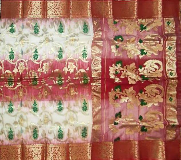 Pradip Fabrics Ethnic Women's Tant Silk Red and White Color Saree