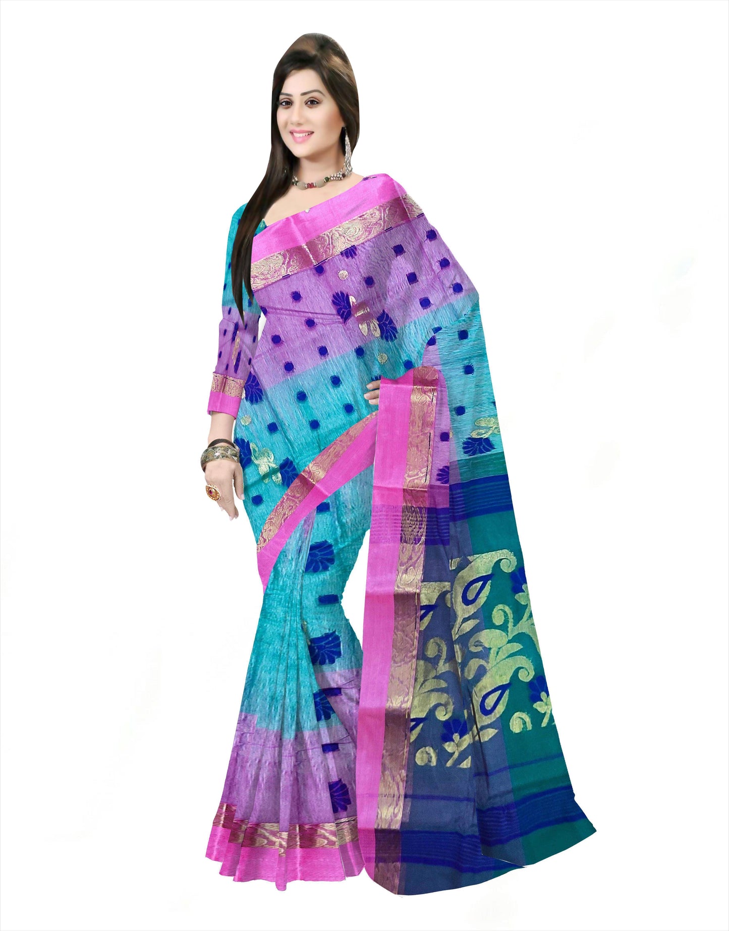 Pradip Fabrics Ethnic Women's Tant Silk Sea Green and Pink color Saree