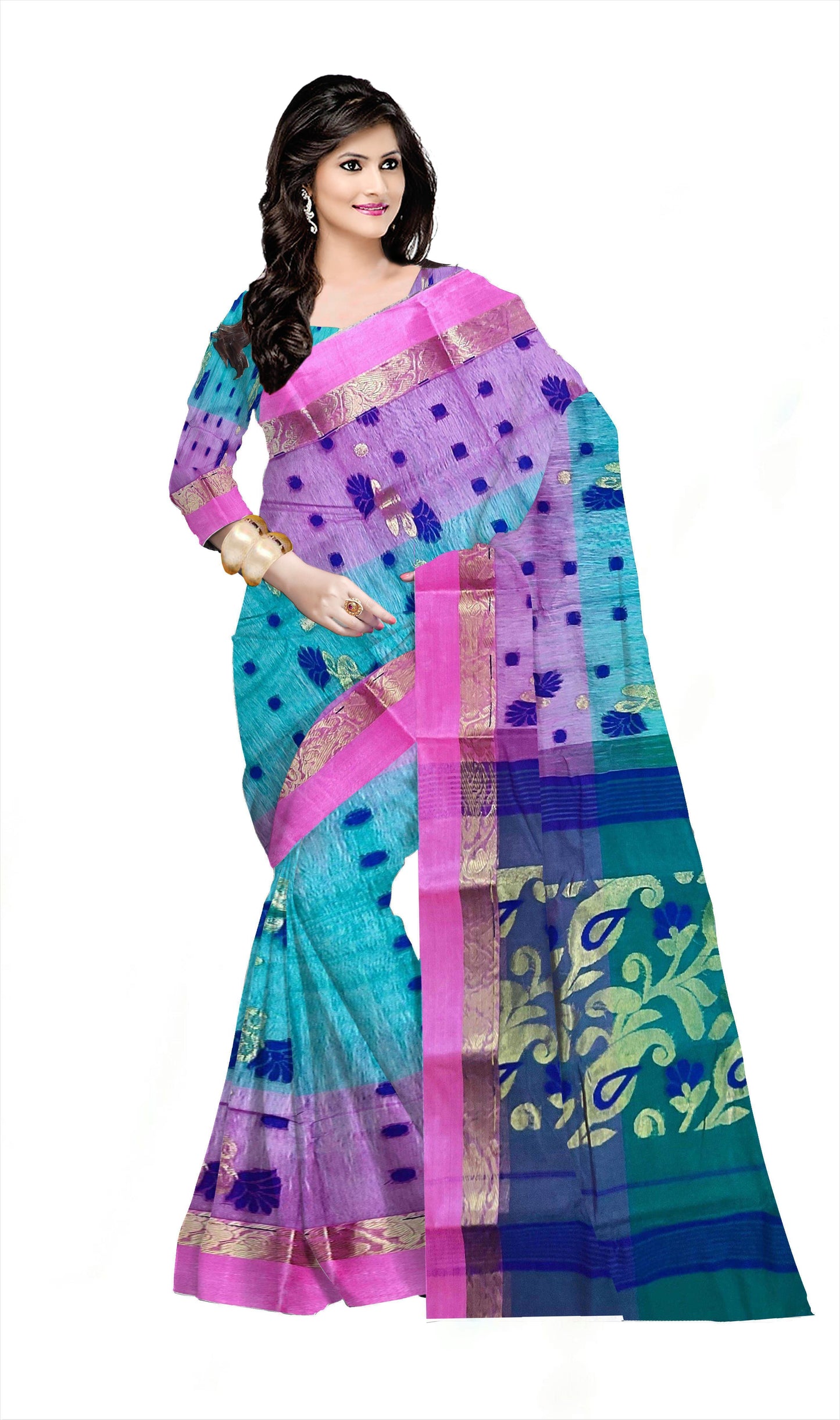 Pradip Fabrics Ethnic Women's Tant Silk Sea Green and Pink color Saree