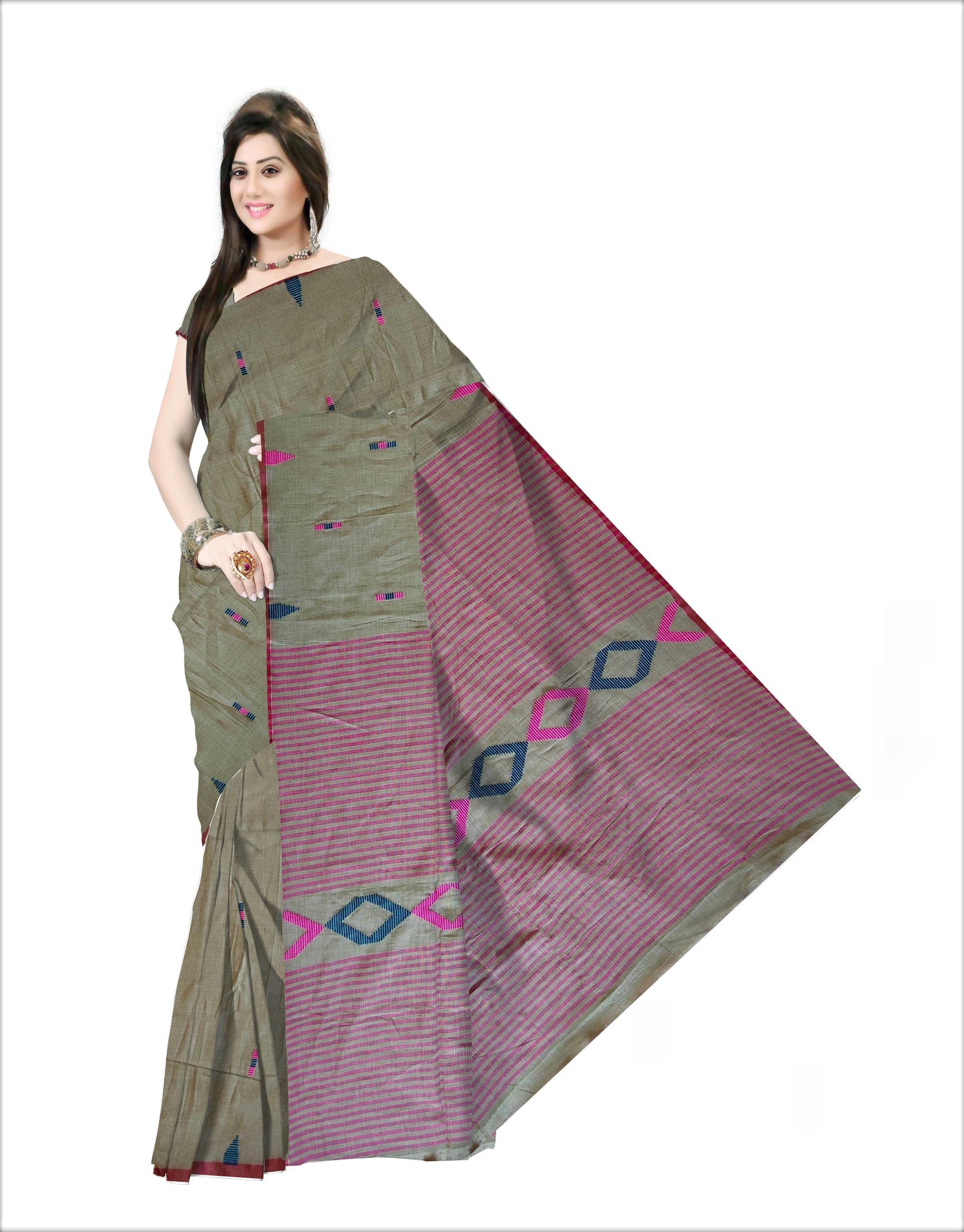 Pradip Fabrics Woven Soft Handloom pure cotton Olive Green Color Saree