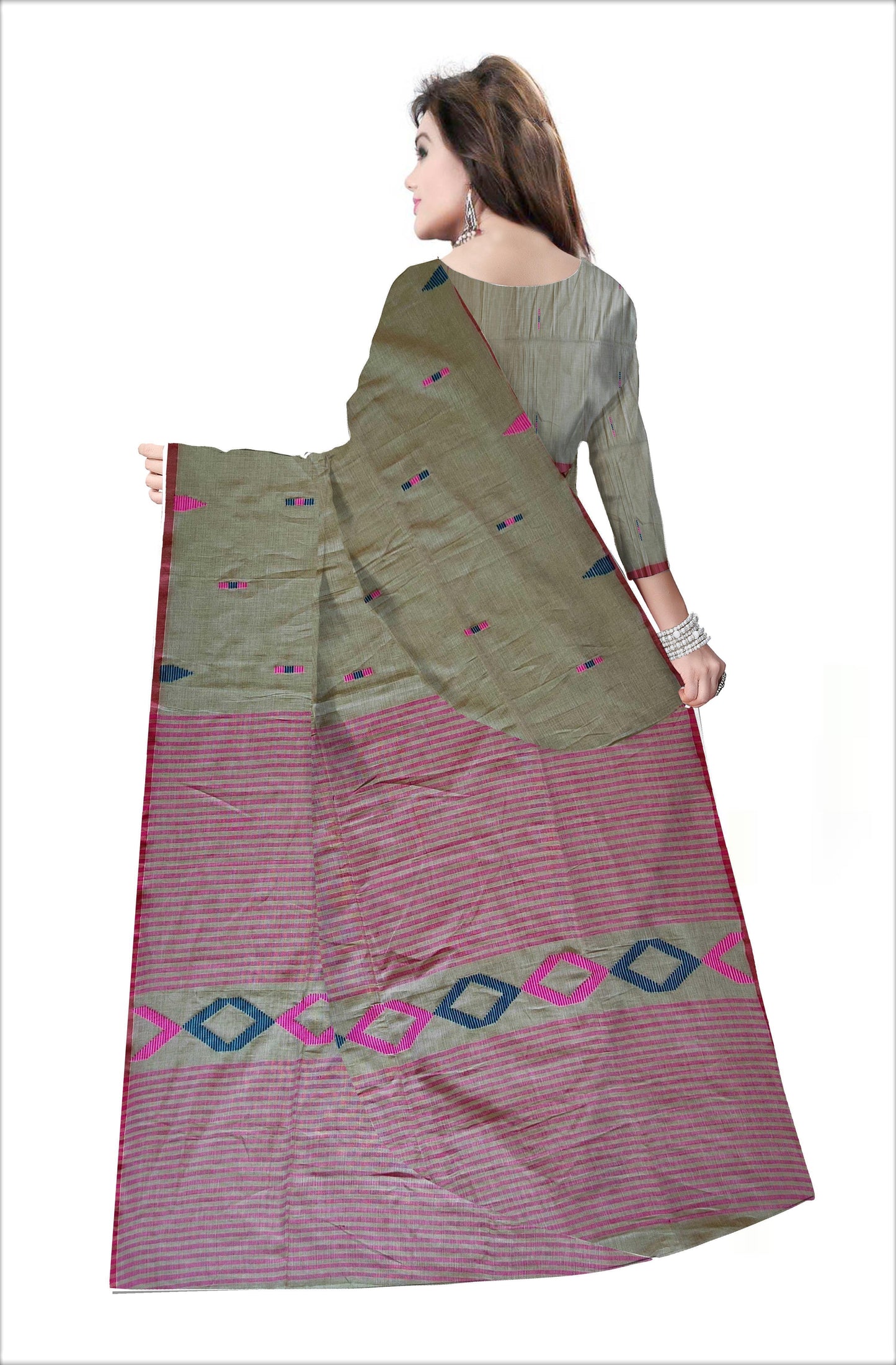 Pradip Fabrics Woven Soft Handloom pure cotton Olive Green  Color Saree
