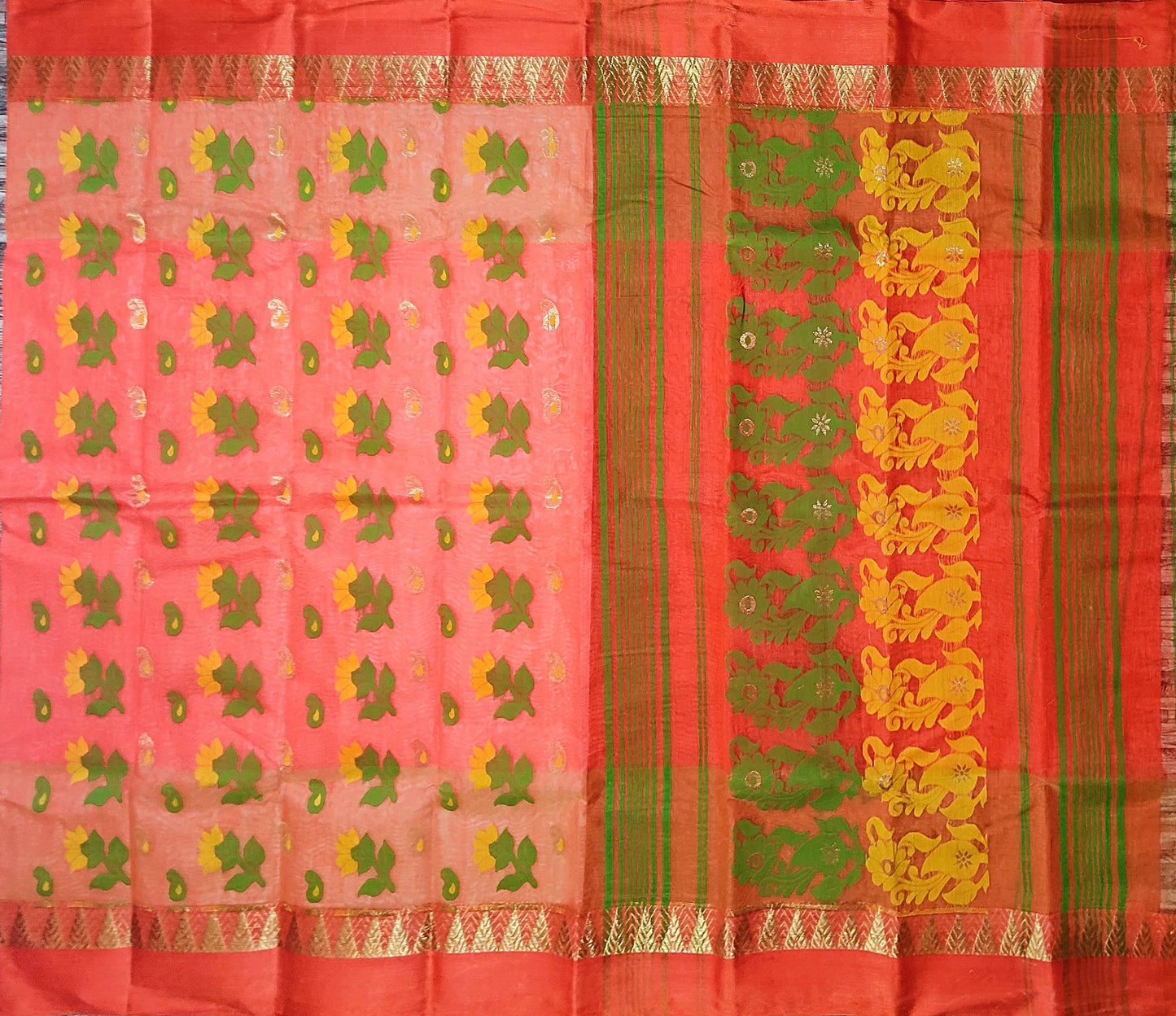 Pradip Fabrics Woven Tant Silk Orange & Green Color Saree