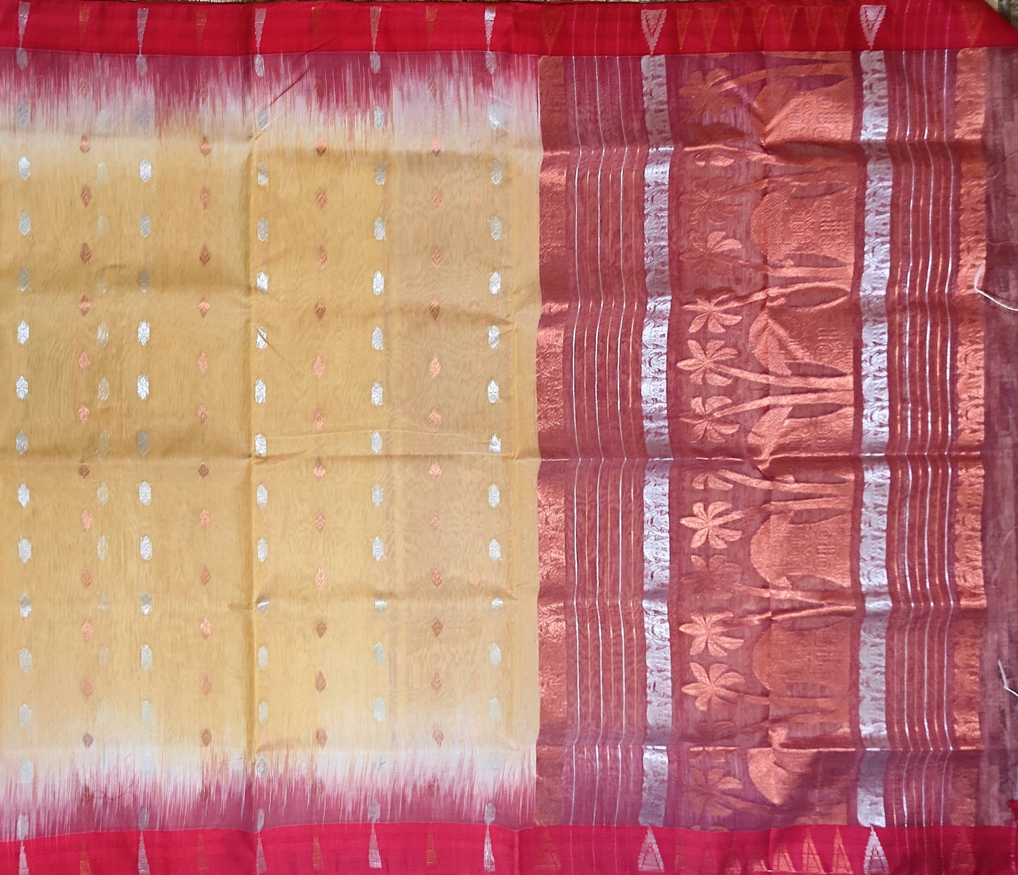 Pradip Fabrics Woven Pure Tussar silk Cream and Red Color Saree