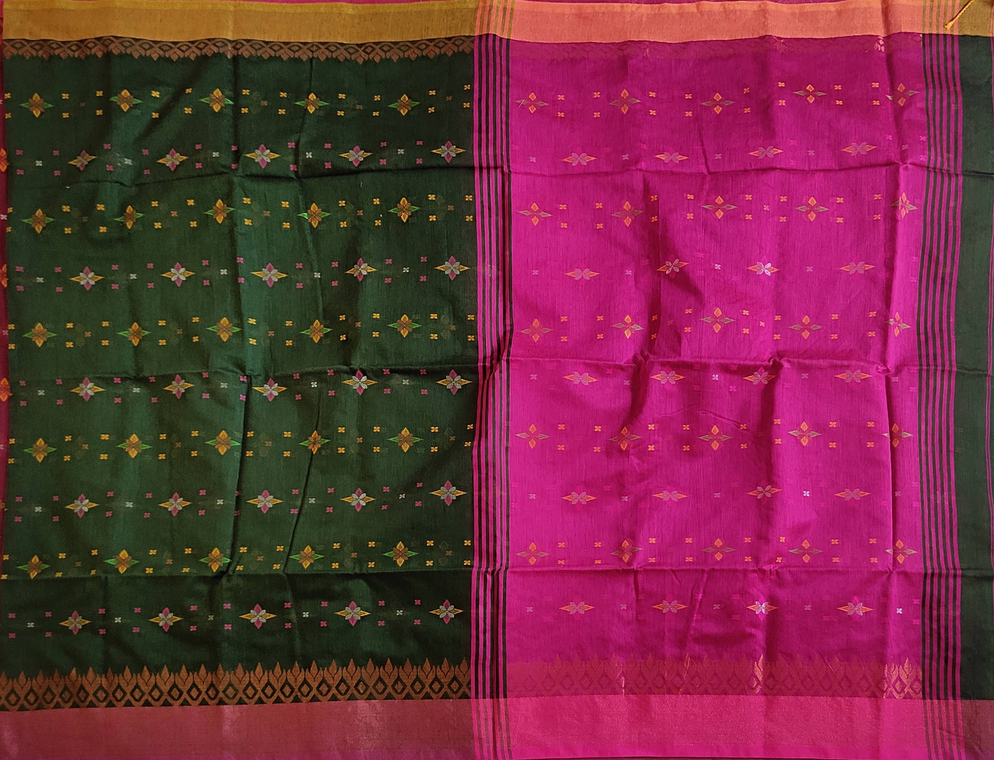 Pradip Fabrics Woven Soft Handloom Green & Deep pink Color Saree