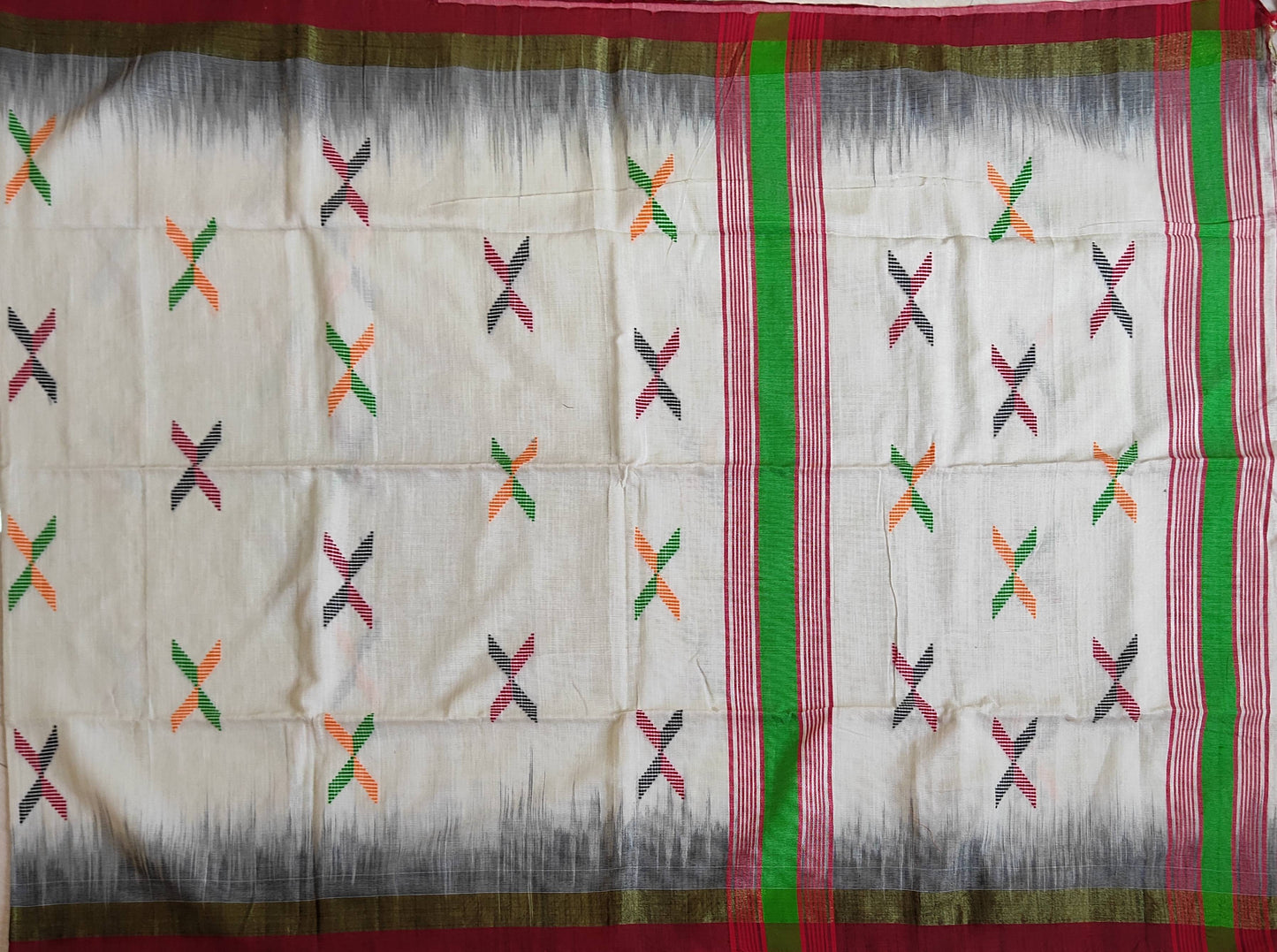 Pradip Fabrics Woven White , Red & Black color Pure Soft Tissue Handloom Saree