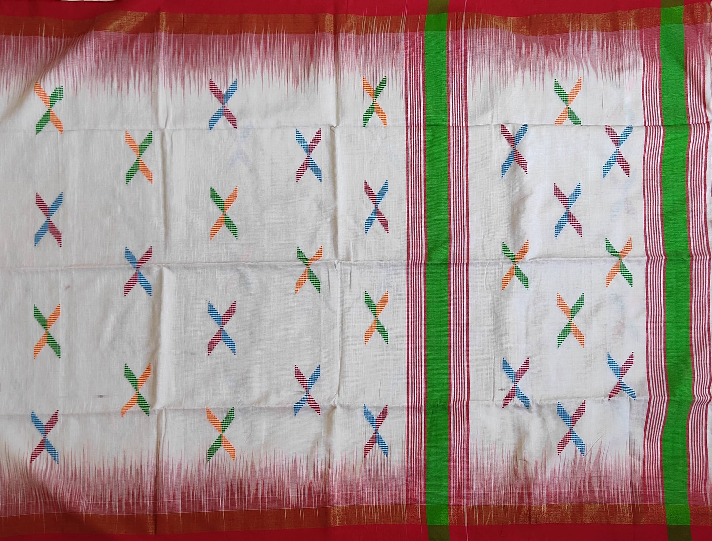 Pradip Fabrics Woven White & Red color Pure Soft Tissue Handloom Saree