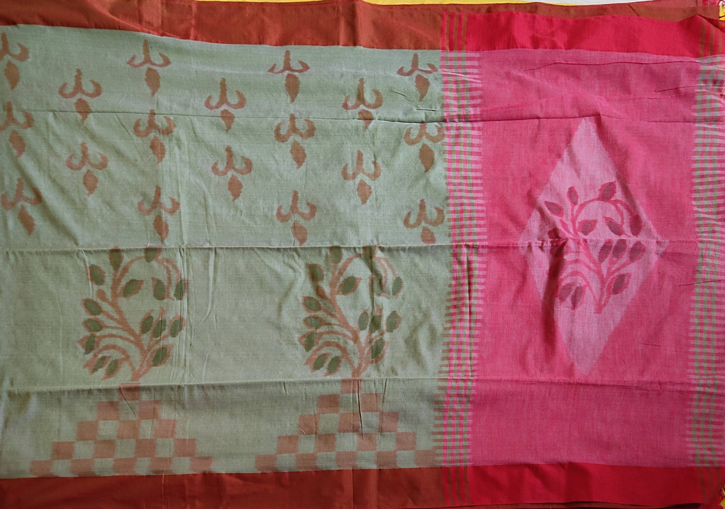 Pradip Fabrics Woven Red and Olive Green Color Pure Soft Ekkat khadi Print Saree