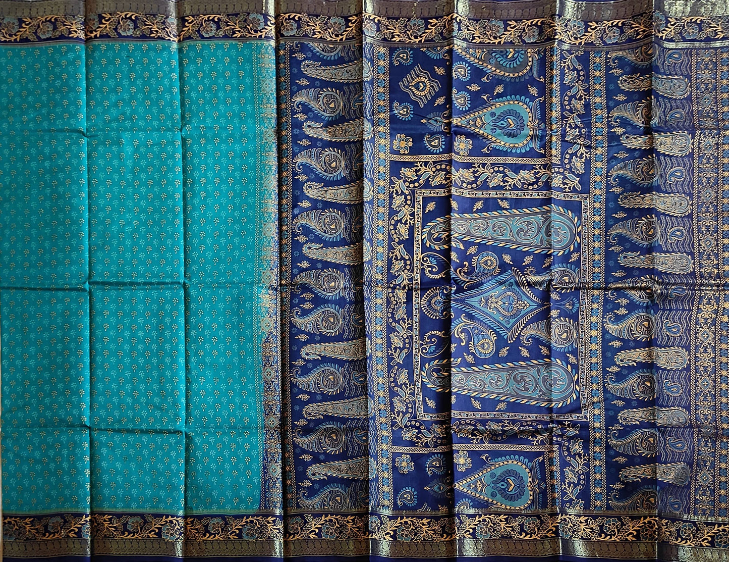 Pradip Fabrics Woven Sea green and Blue color Pure Silk Saree