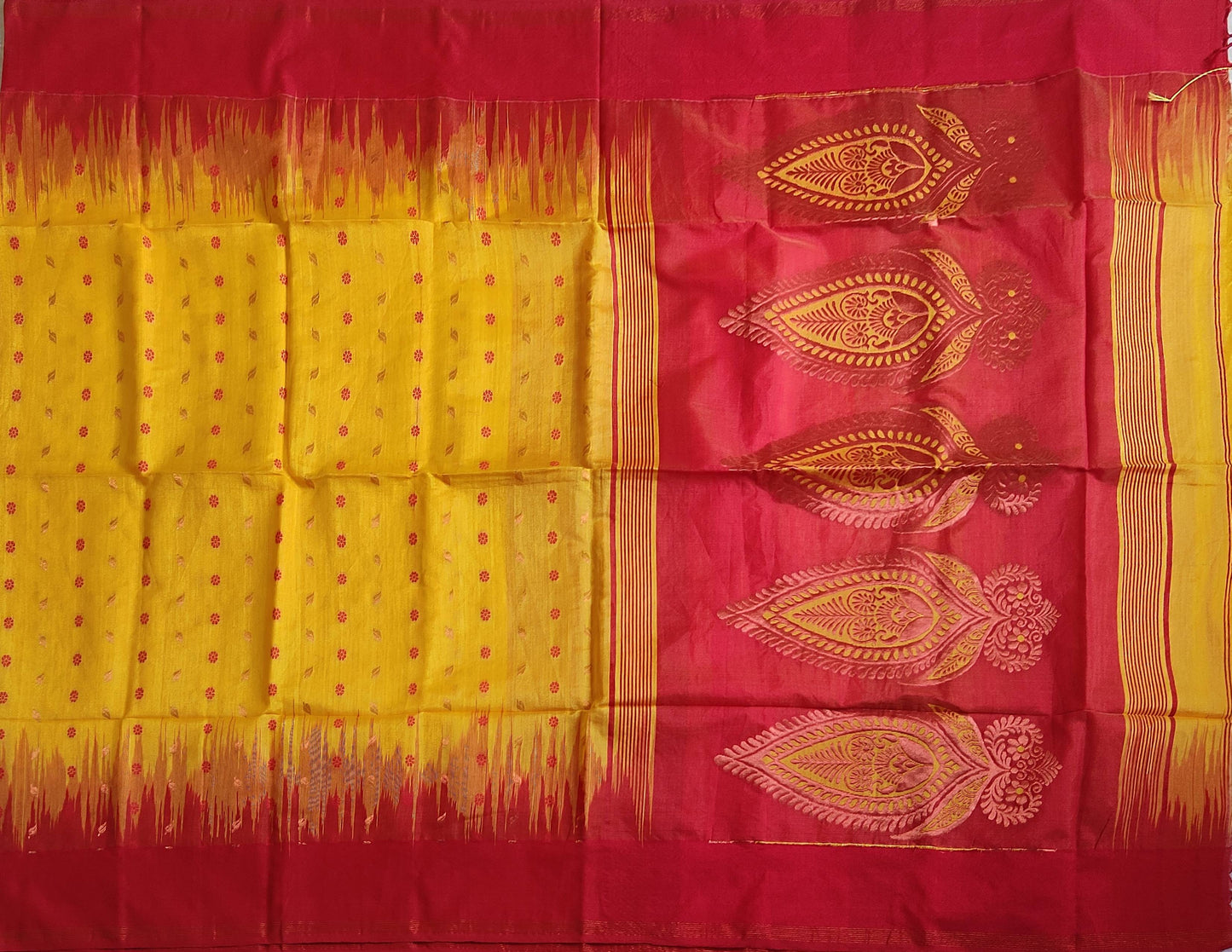 Pradip Fabrics Woven Yellow and Red color Soft Handloom Saree