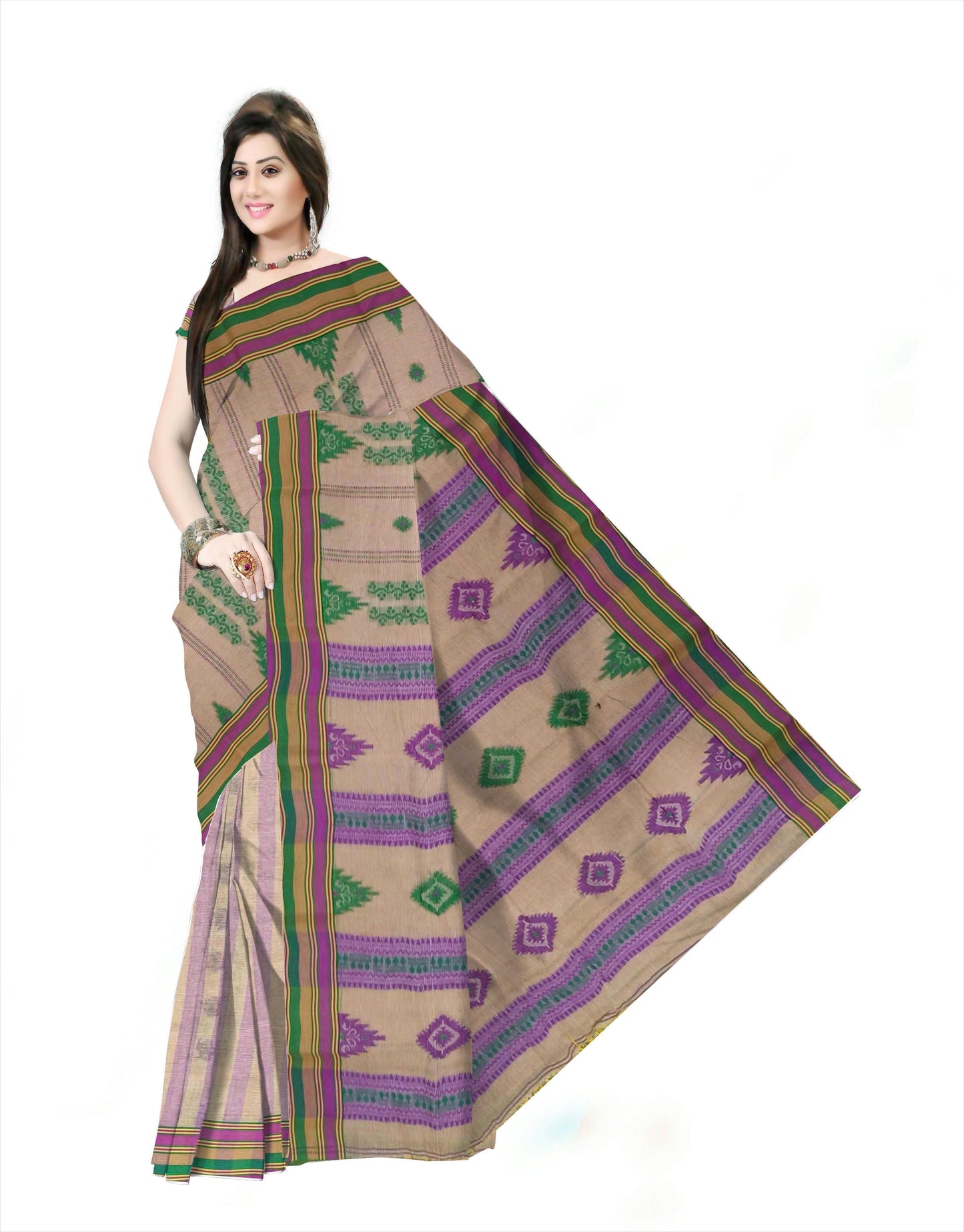 Pradip Fabrics Woven Tant Pure Cotton Saree (green & purple )