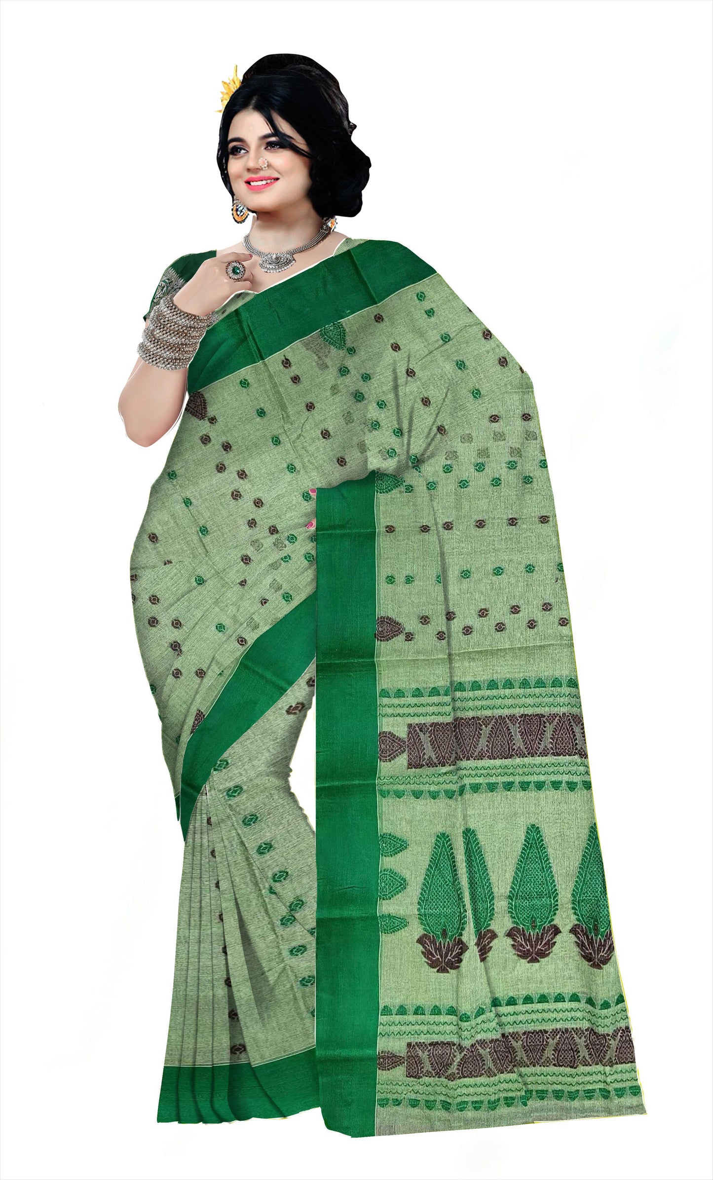 Pradip Fabrics Woven Tant Pure Cotton Saree ( deep green )