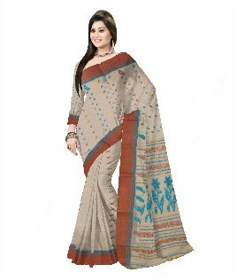 Woven Tant Pure Cotton Saree (Cream & Brown)