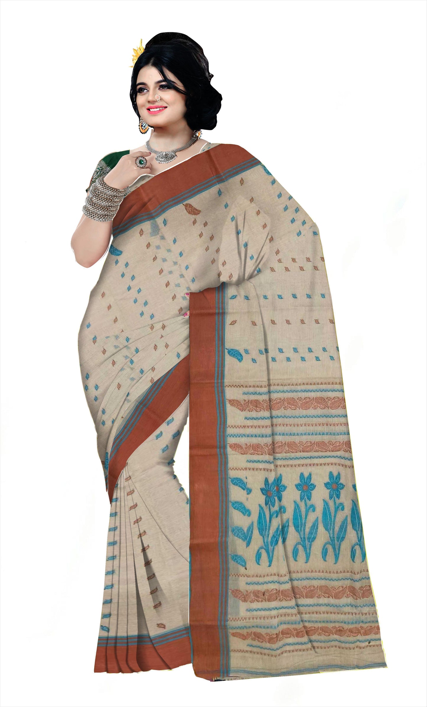 Woven Tant Pure Cotton Saree (Cream & Brown)