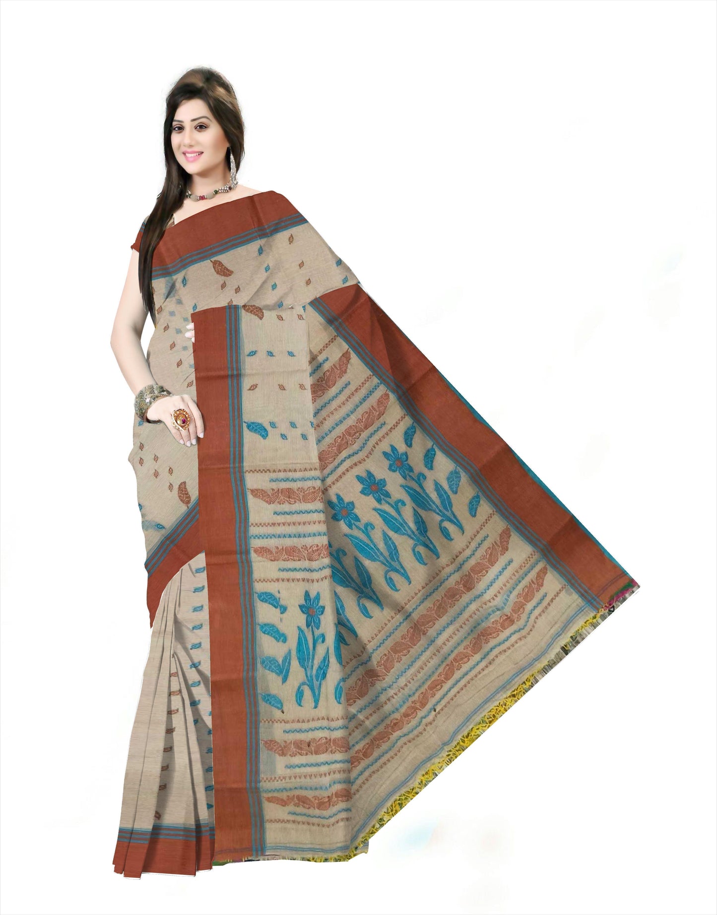 Woven Tant Pure Cotton Saree (Cream & Brown)