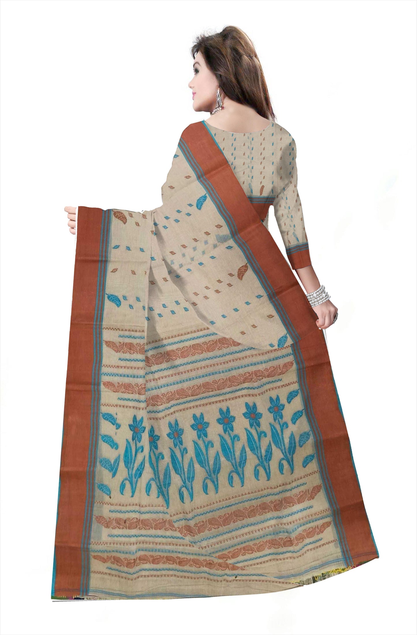 Woven Tant Pure Cotton Saree (Cream & Brown)