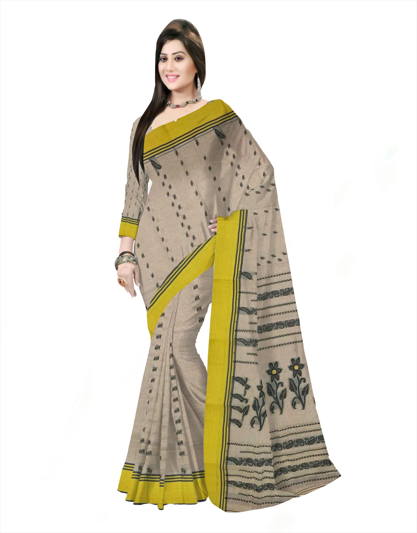 Pradip Fabrics Woven Tant Pure Cotton Saree (cream & yellow )
