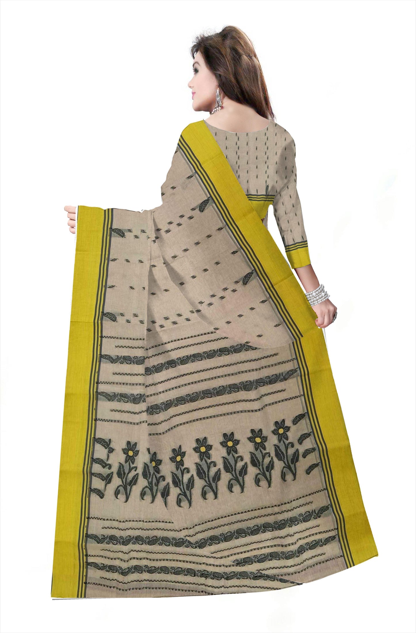 Pradip Fabrics Woven Tant Pure Cotton Saree (cream & yellow )