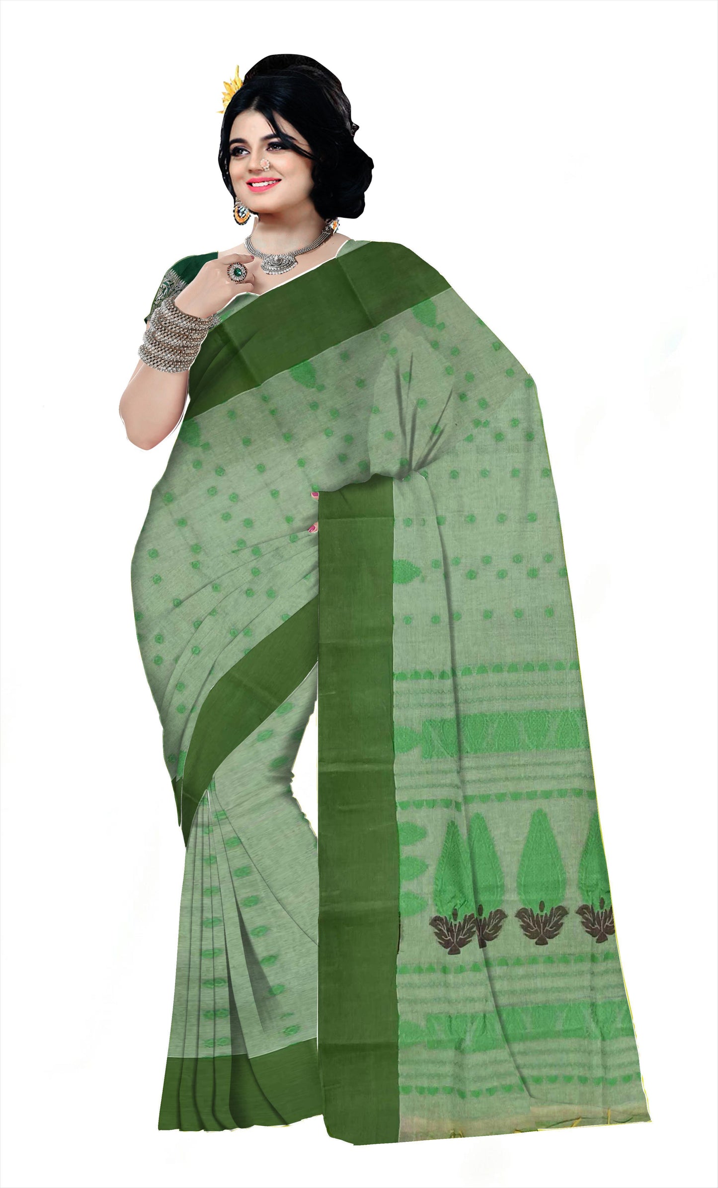 Pradip Fabrics Woven Tant Pure Cotton Saree ( Green )
