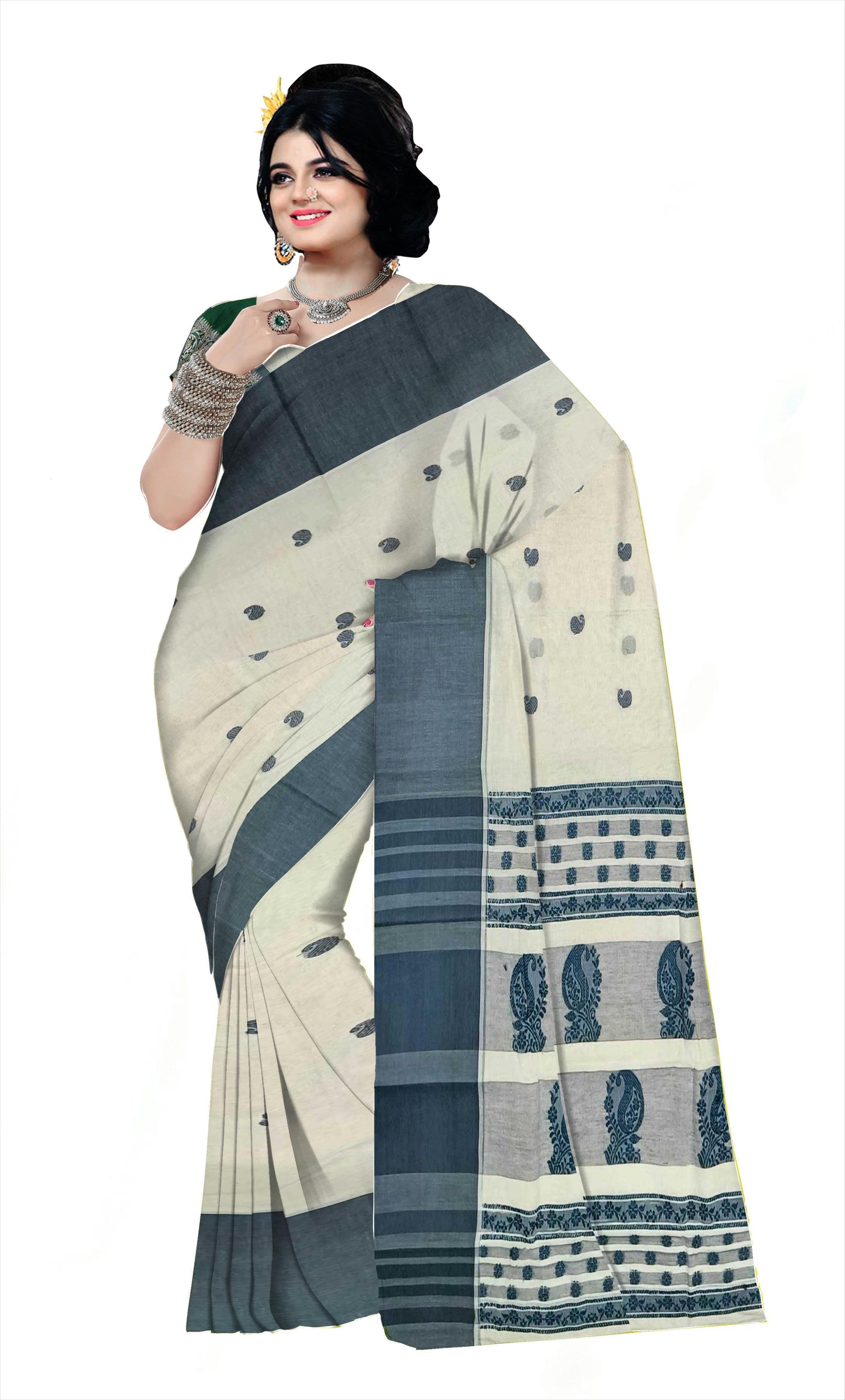 Pradip Fabrics Woven Tant Pure Cotton Saree (cream & blue )