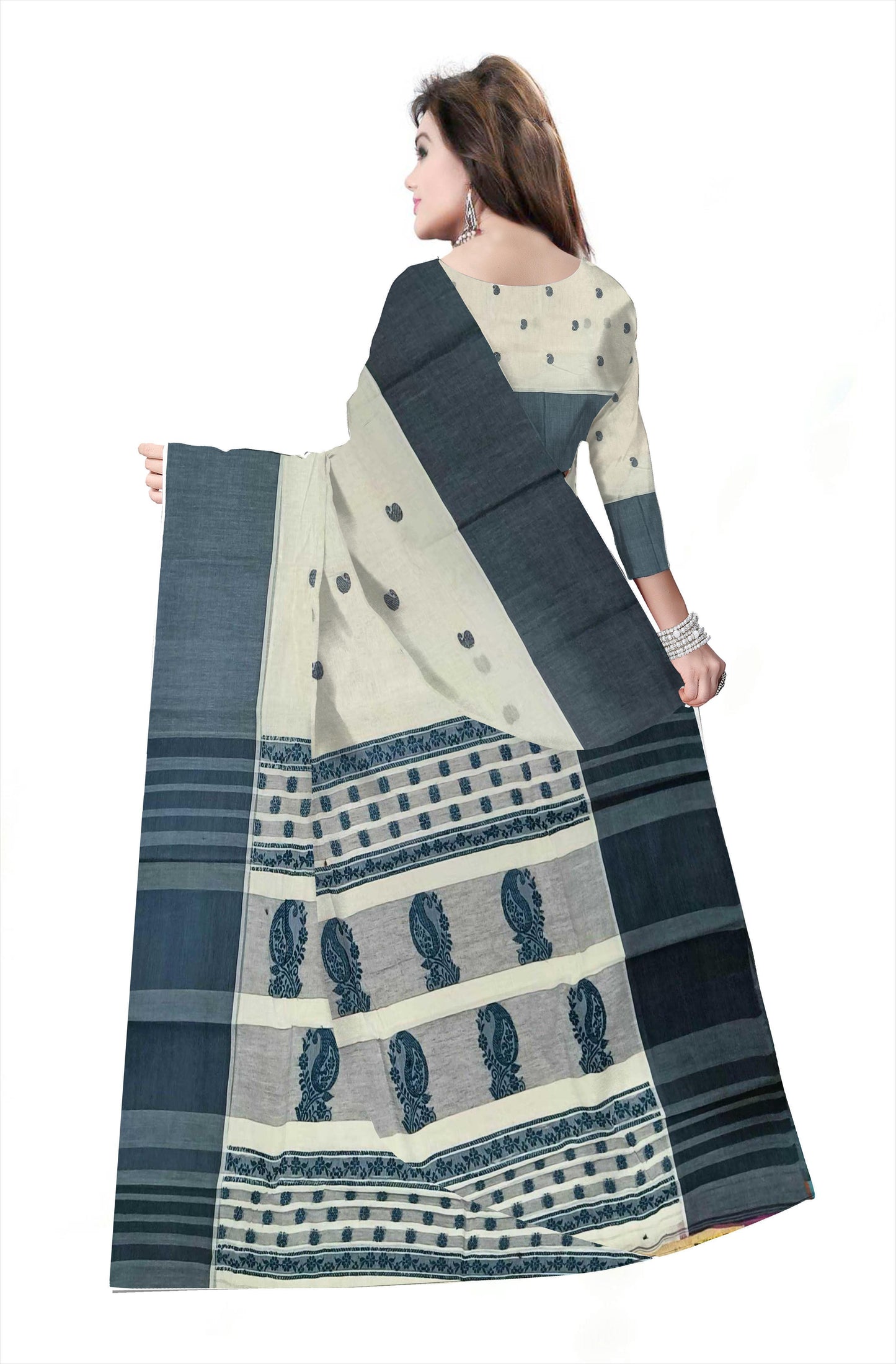 Pradip Fabrics Woven Tant Pure Cotton Saree (cream & blue )