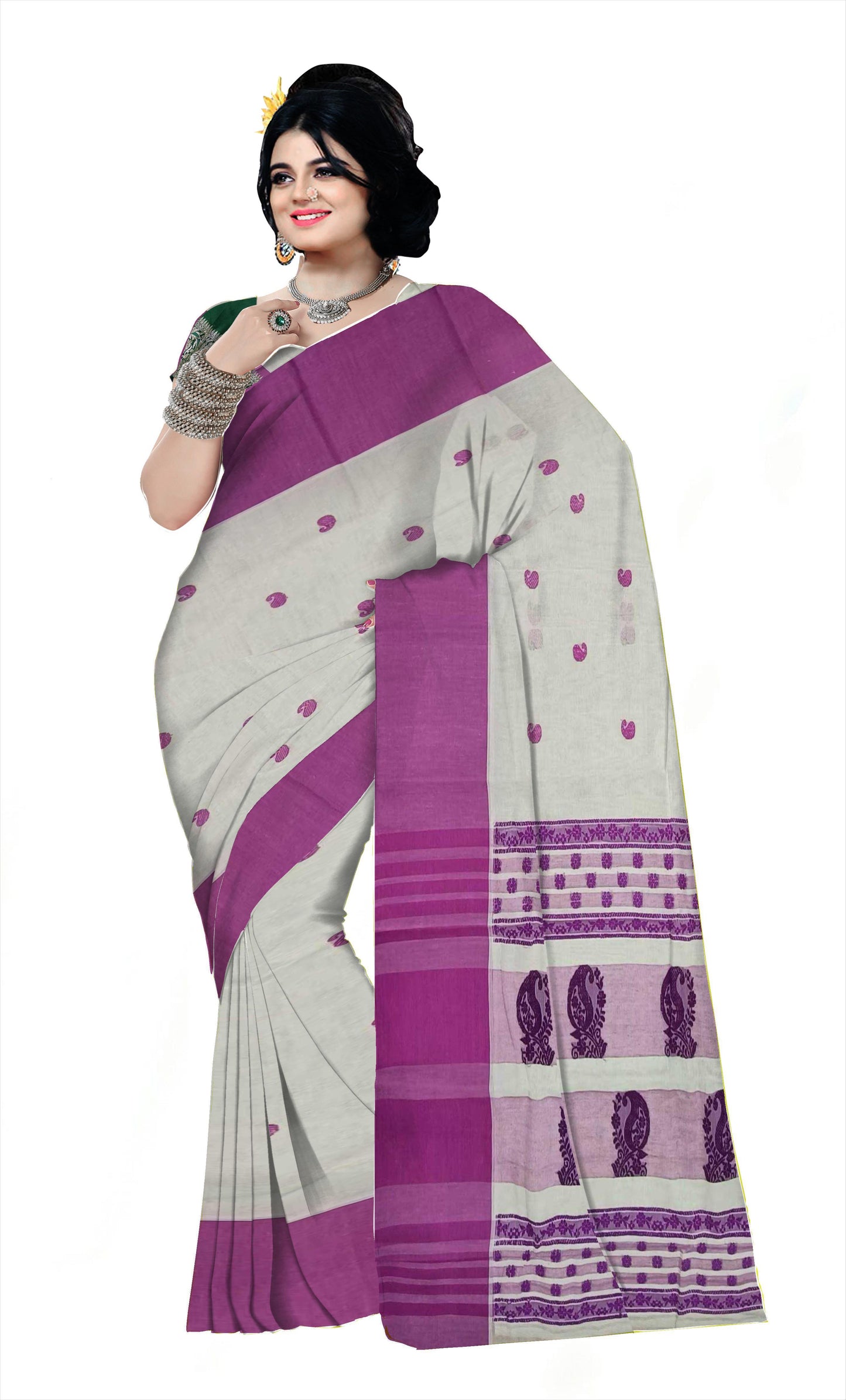 Pradip Fabrics Woven Tant Pure Cotton Saree (white & purle )