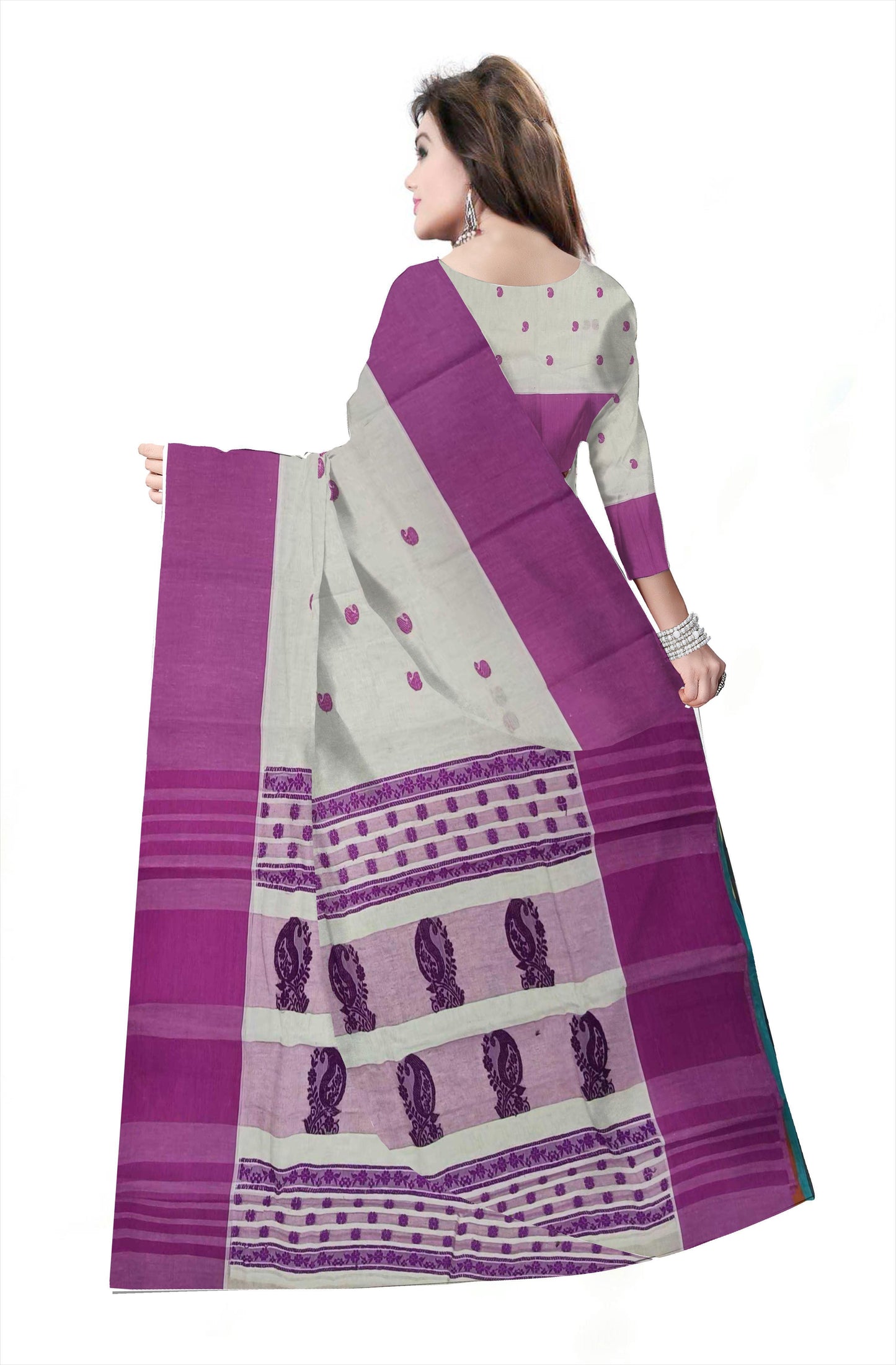 Pradip Fabrics Woven Tant Pure Cotton Saree (white & purle )