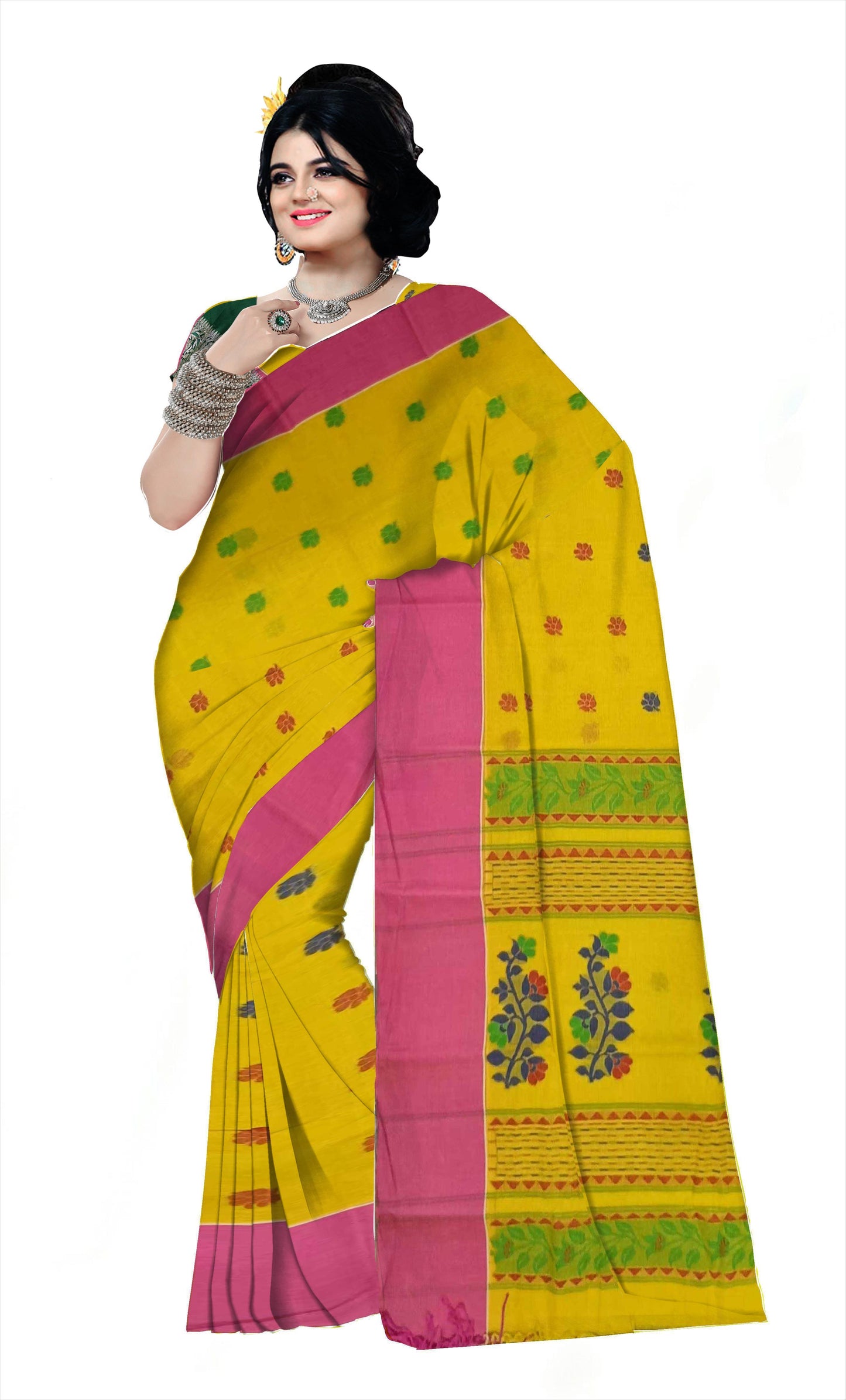 Pradip Fabrics Woven Tant Pure Cotton Saree (yellow)