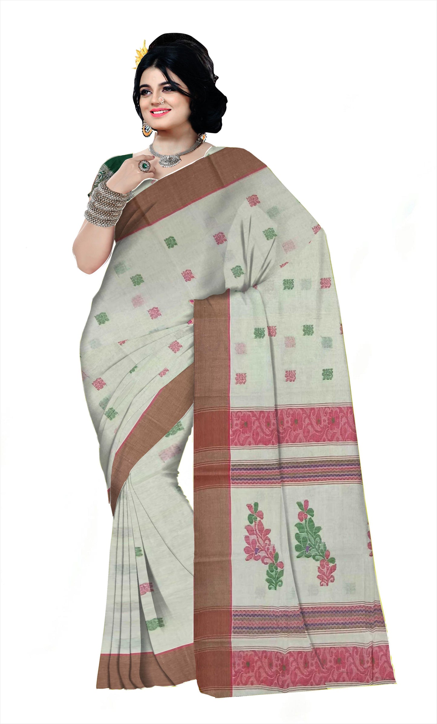 Pradip Fabrics Printed Handloom Pure Cotton Saree (white)