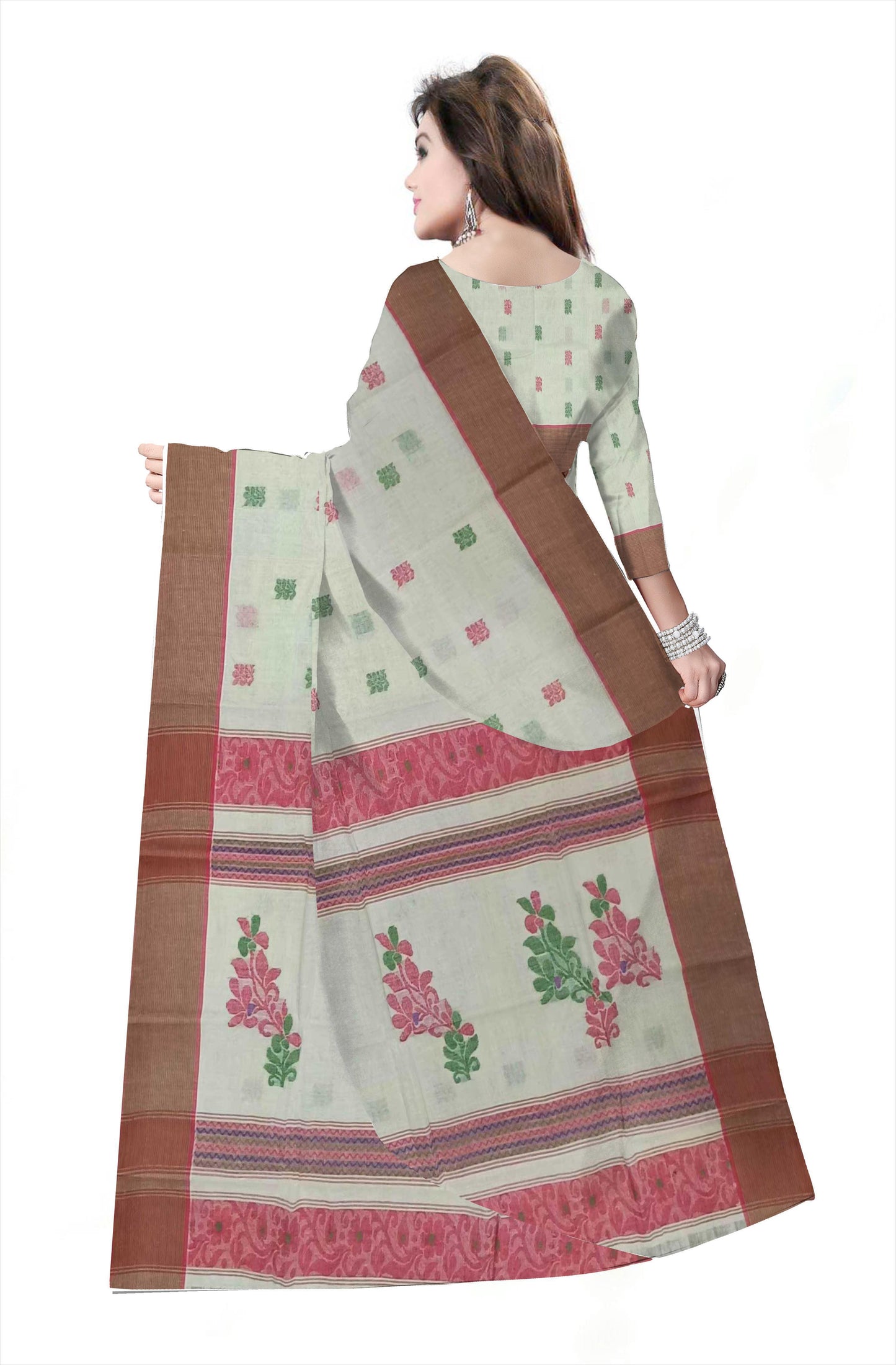 Pradip Fabrics Printed Handloom Pure Cotton Saree (white)