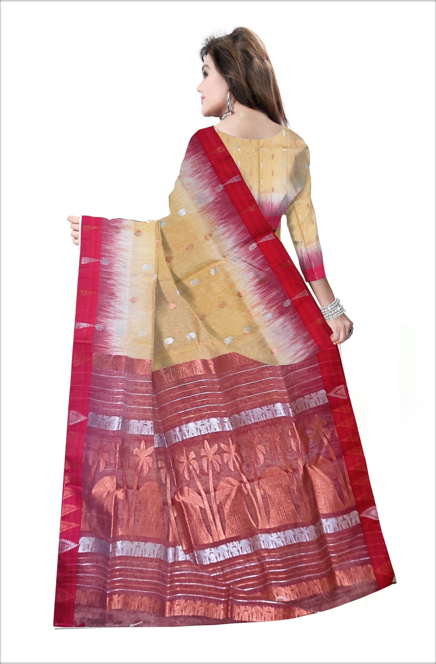 Pradip Fabrics Woven Pure Tussar silk Cream and Red Color Saree