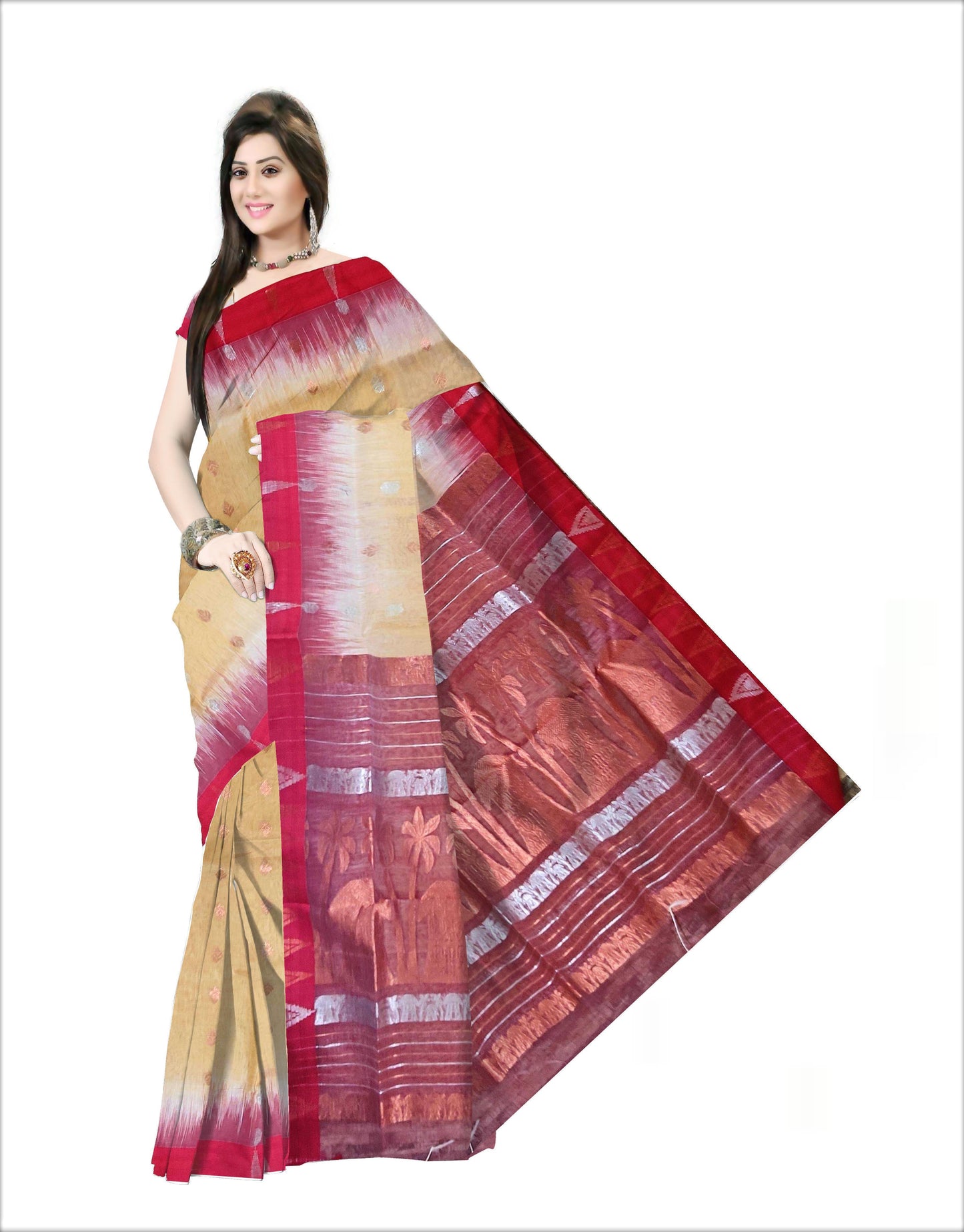 Pradip Fabrics Woven Pure Tussar silk Cream and Red Color Saree