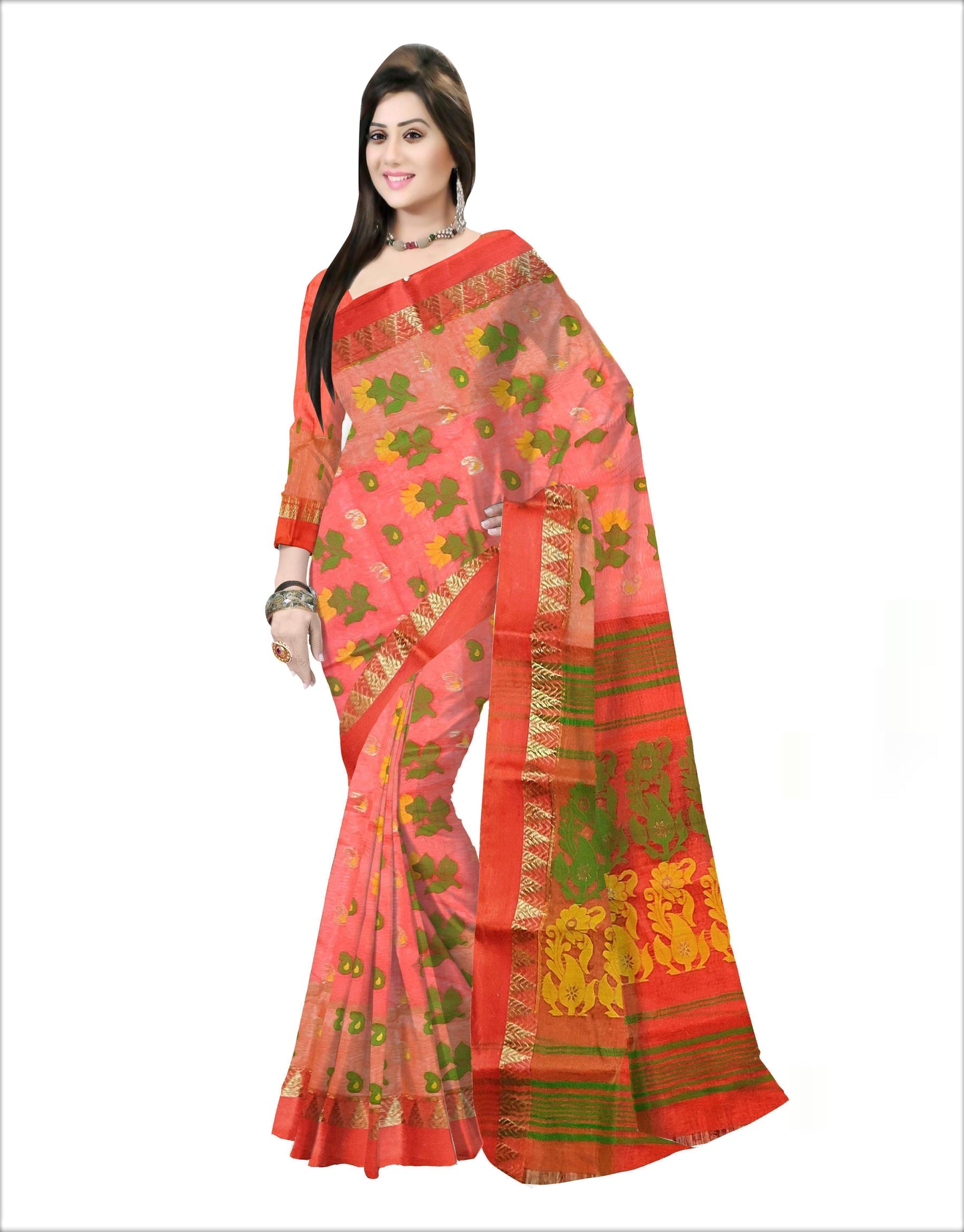 Pradip Fabrics Woven Tant Silk Orange & Green Color Saree
