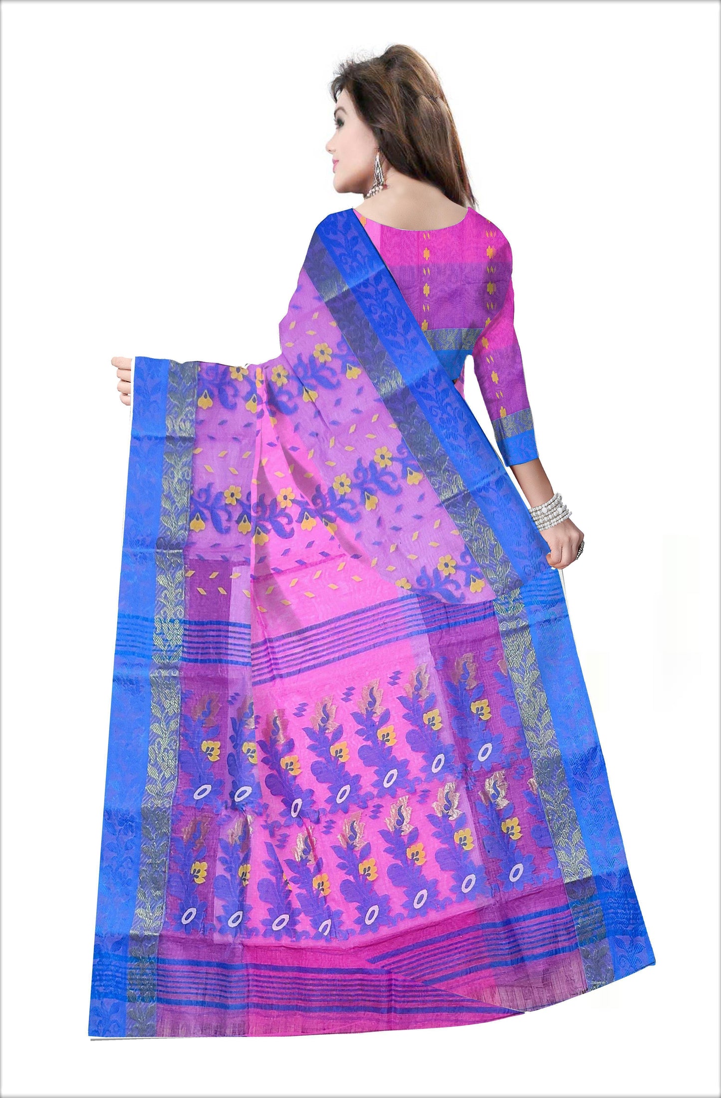 Pradip Fabrics Woven Tant cotton Pink & BlueColor Saree