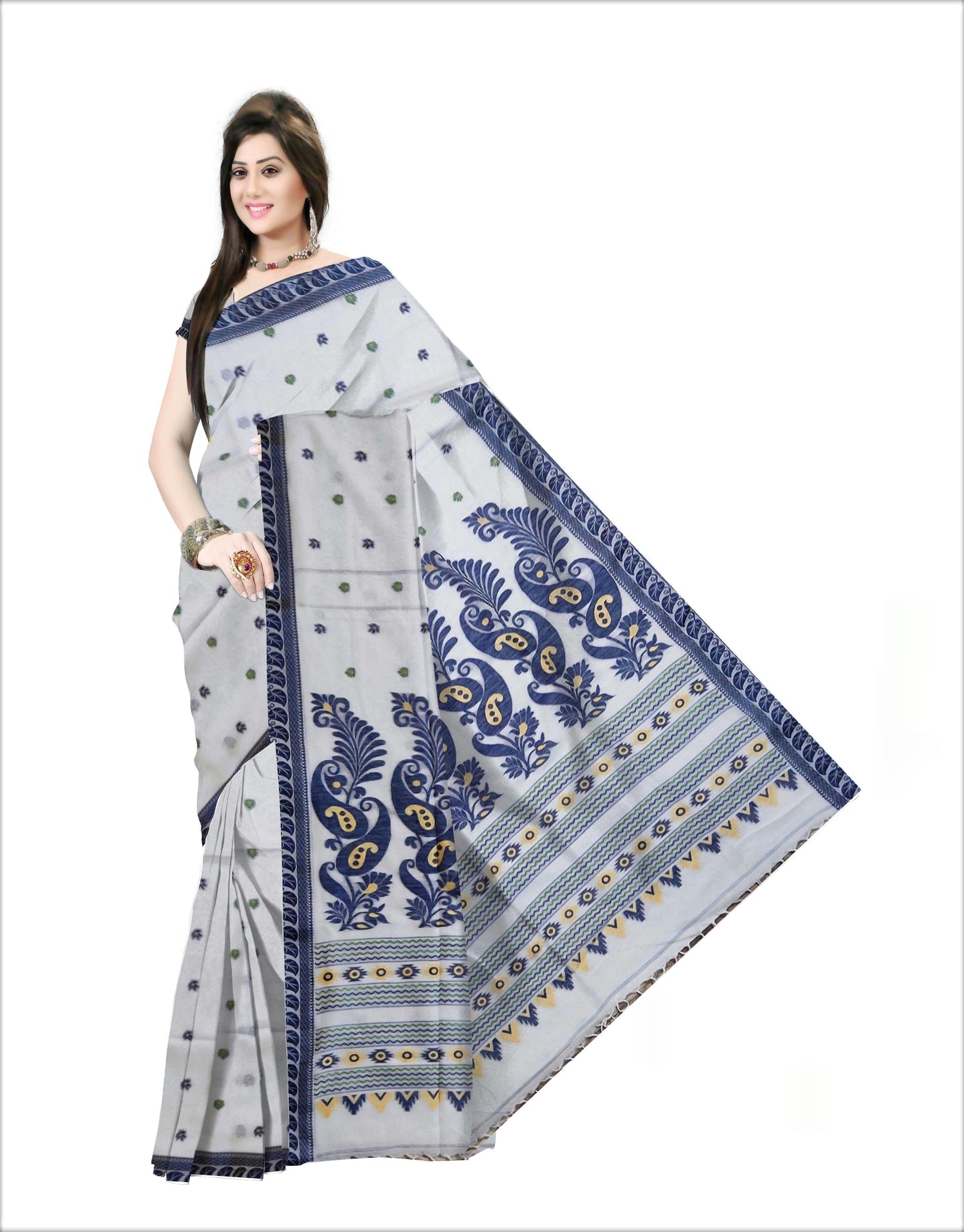 Pradip Fabrics Woven Pure Tant Cotton Blue and white Color Saree