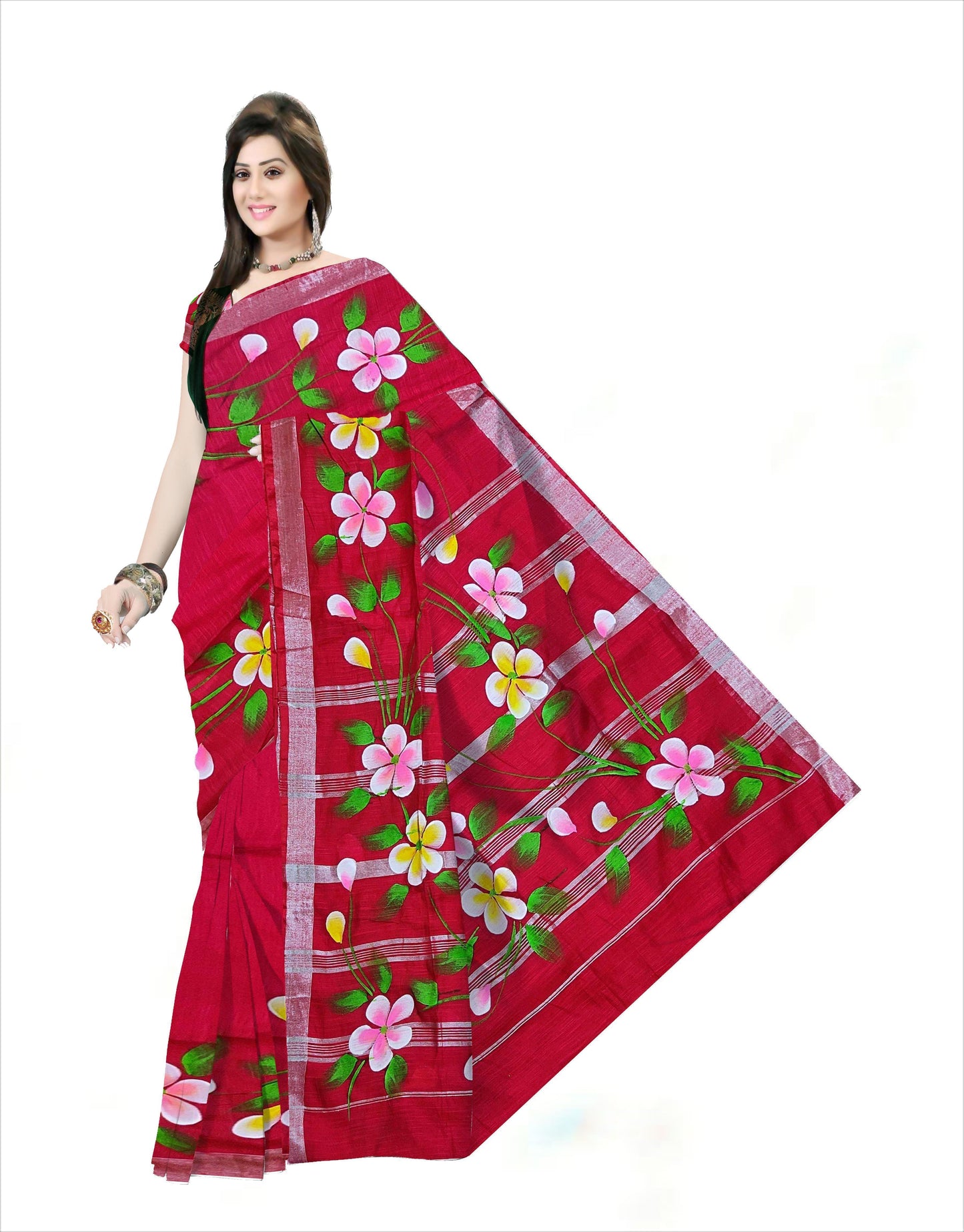 Pradip Fabrics Hand Painted Soft Linen Cotton Saree With Tassels