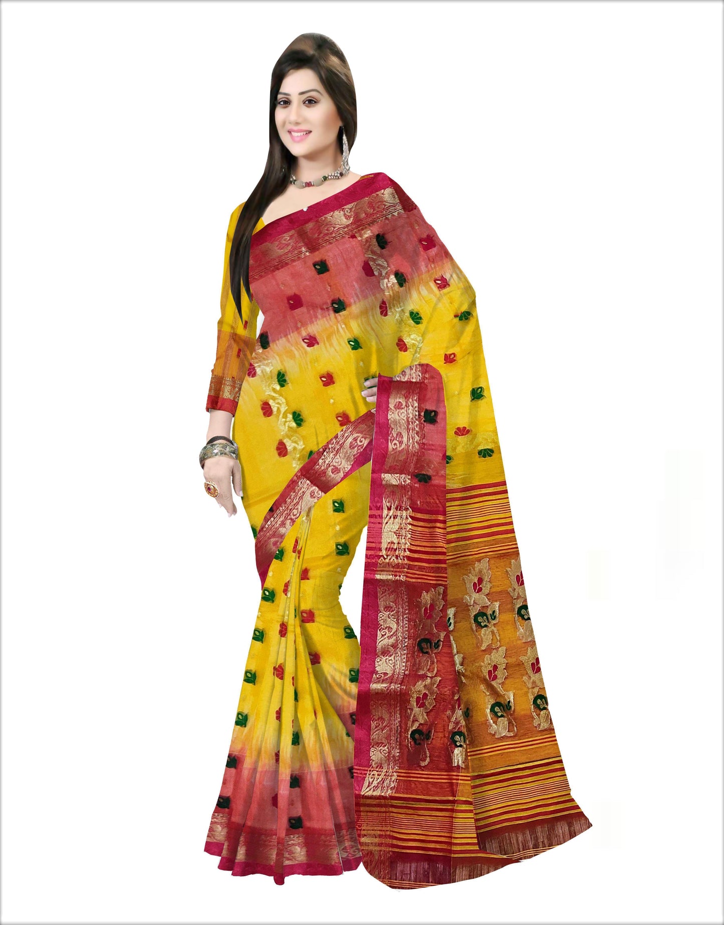 Pradip Fabrics Woven Tant Silk Yellow & Red Color Saree