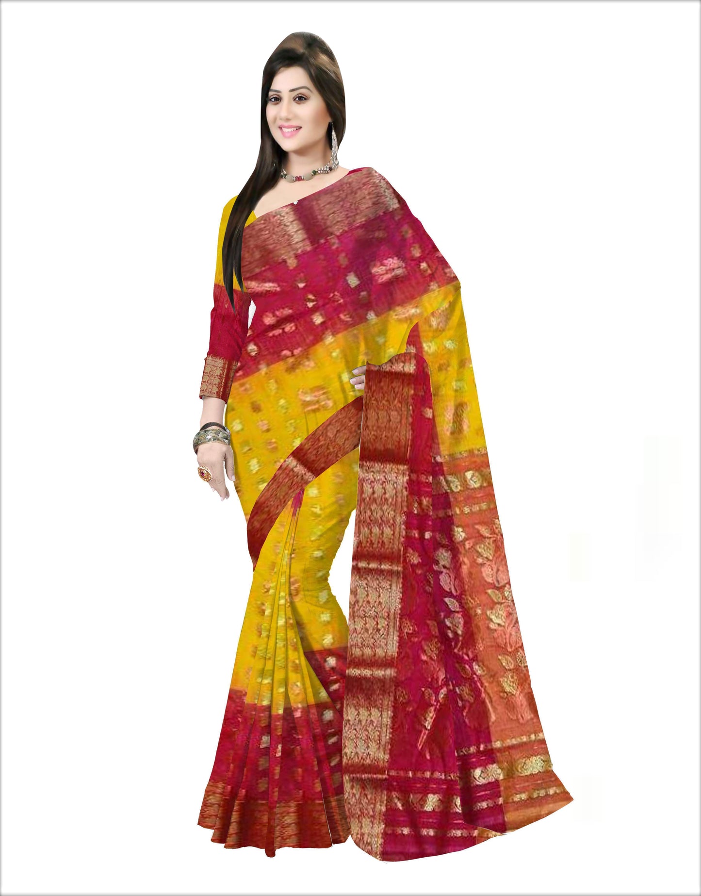 Pradip Fabrics Woven Tant Banarasi Cream and Pink Color Saree