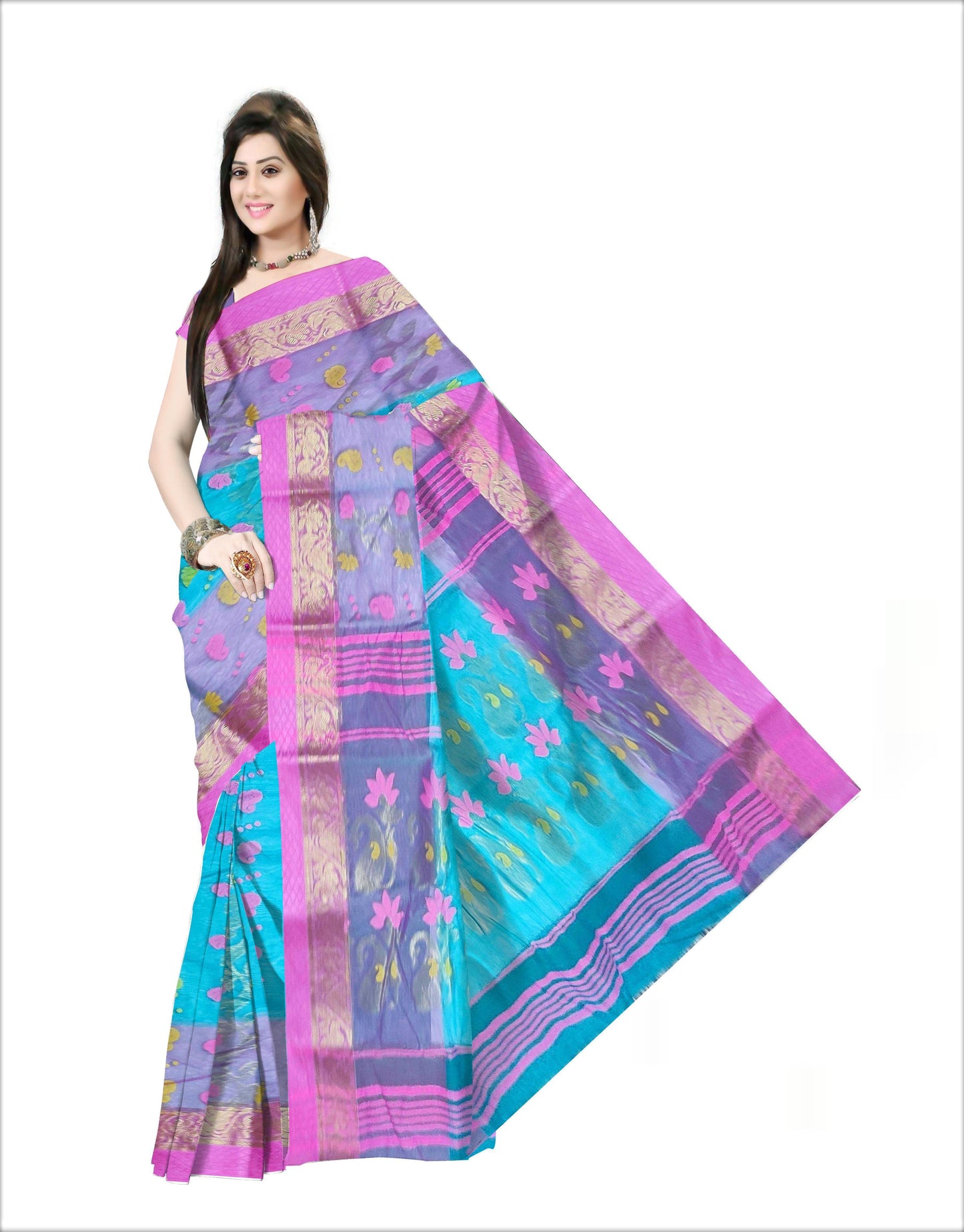 Pradip Fabrics Woven Tant Silk Pink & Sky blue Color Saree