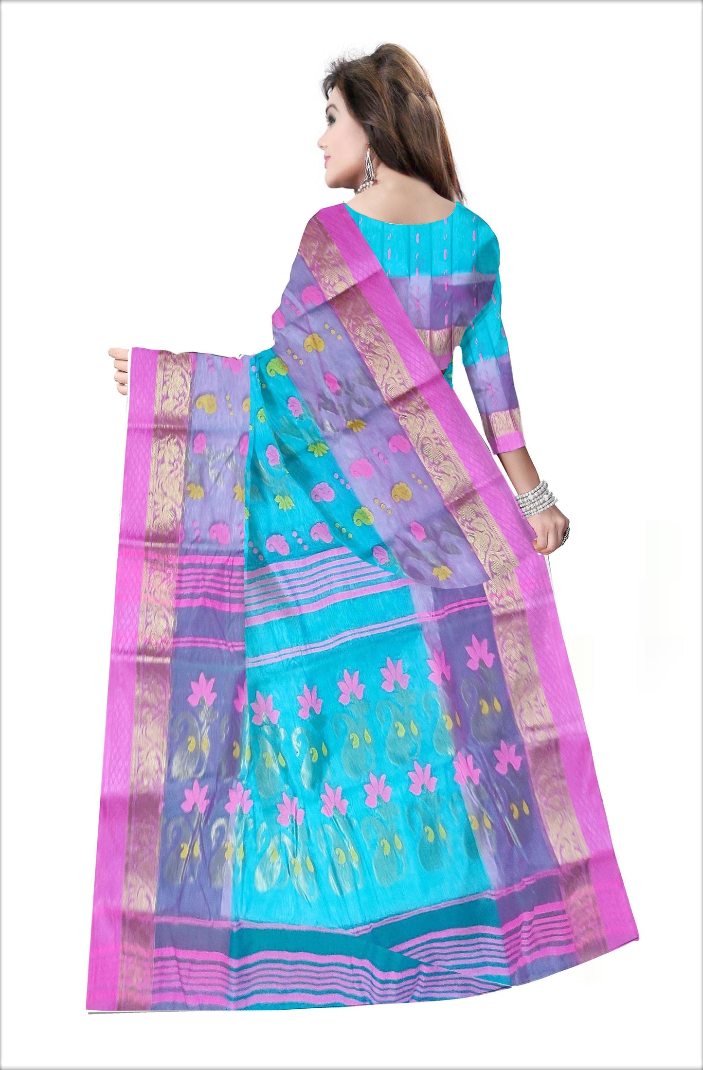Pradip Fabrics Woven Tant Silk Pink & Sky blue Color Saree
