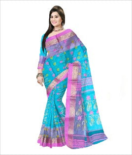 Pradip Fabrics Woven Tant Silk Pink & Sky blue Color Saree
