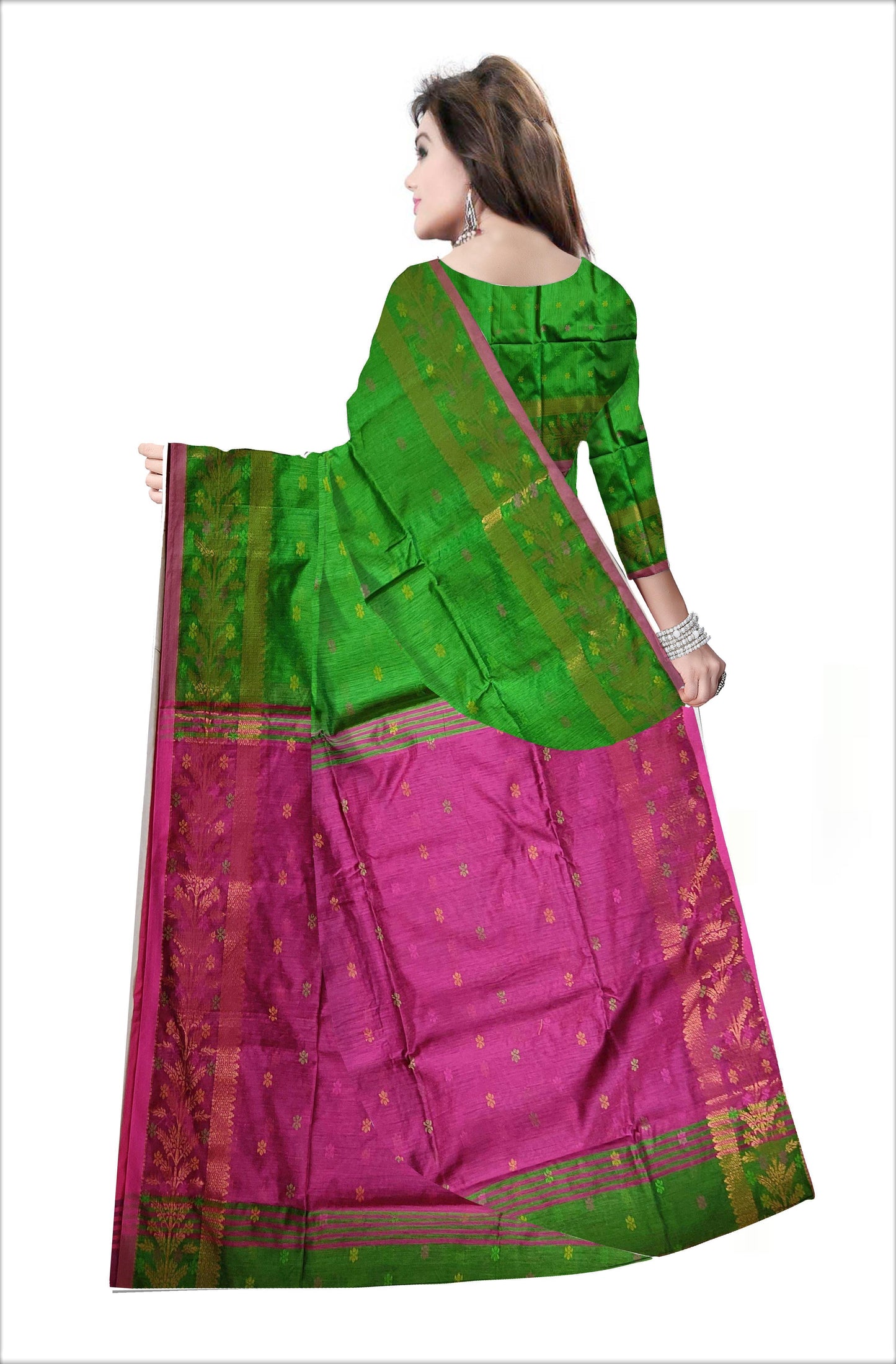 Pradip Fabrics Woven Pink and Green color Soft Handloom Saree
