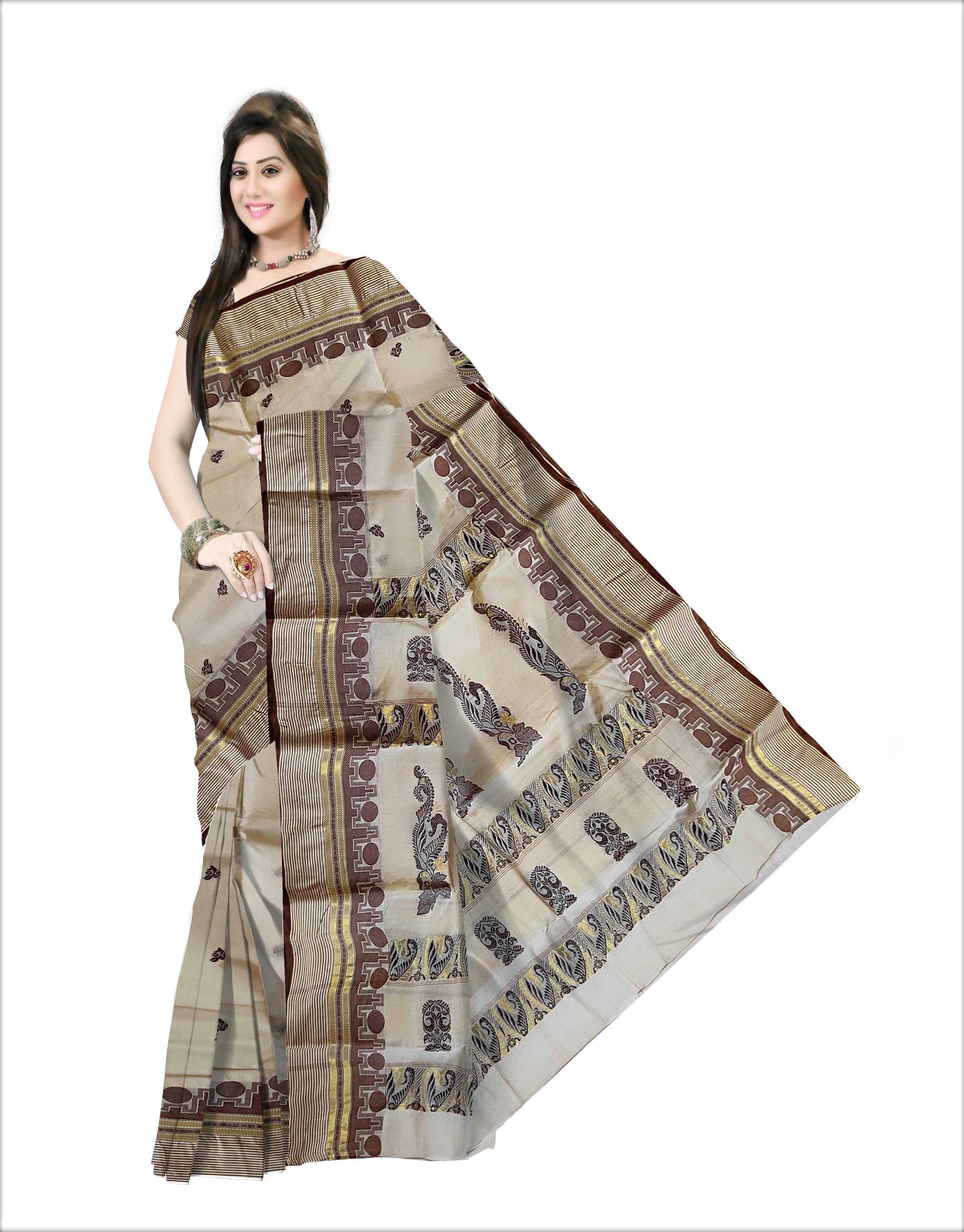 Pradip Fabrics Woven Cream Color Pure Tant cotton Saree