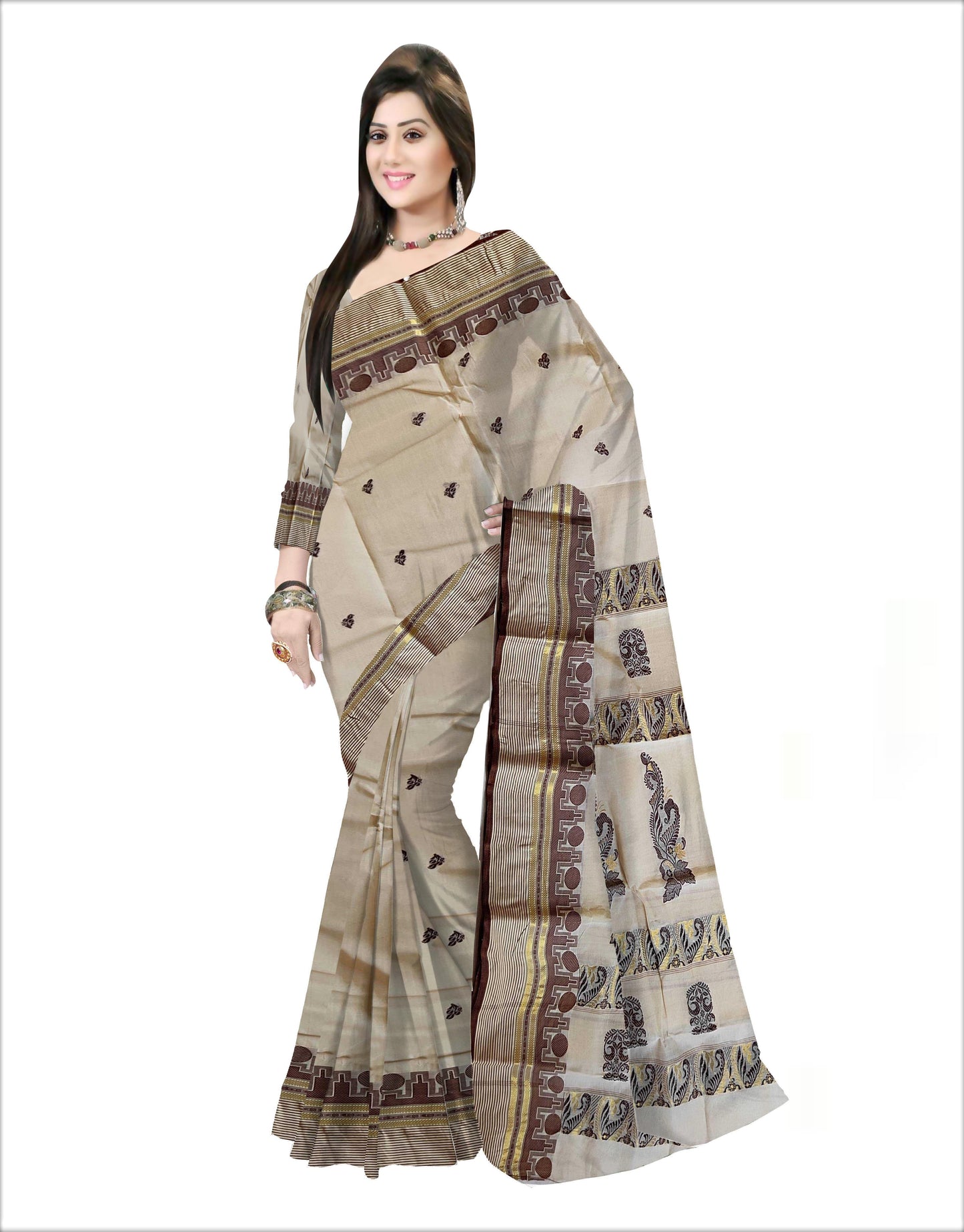 Pradip Fabrics Woven Cream Color Pure Tant cotton Saree