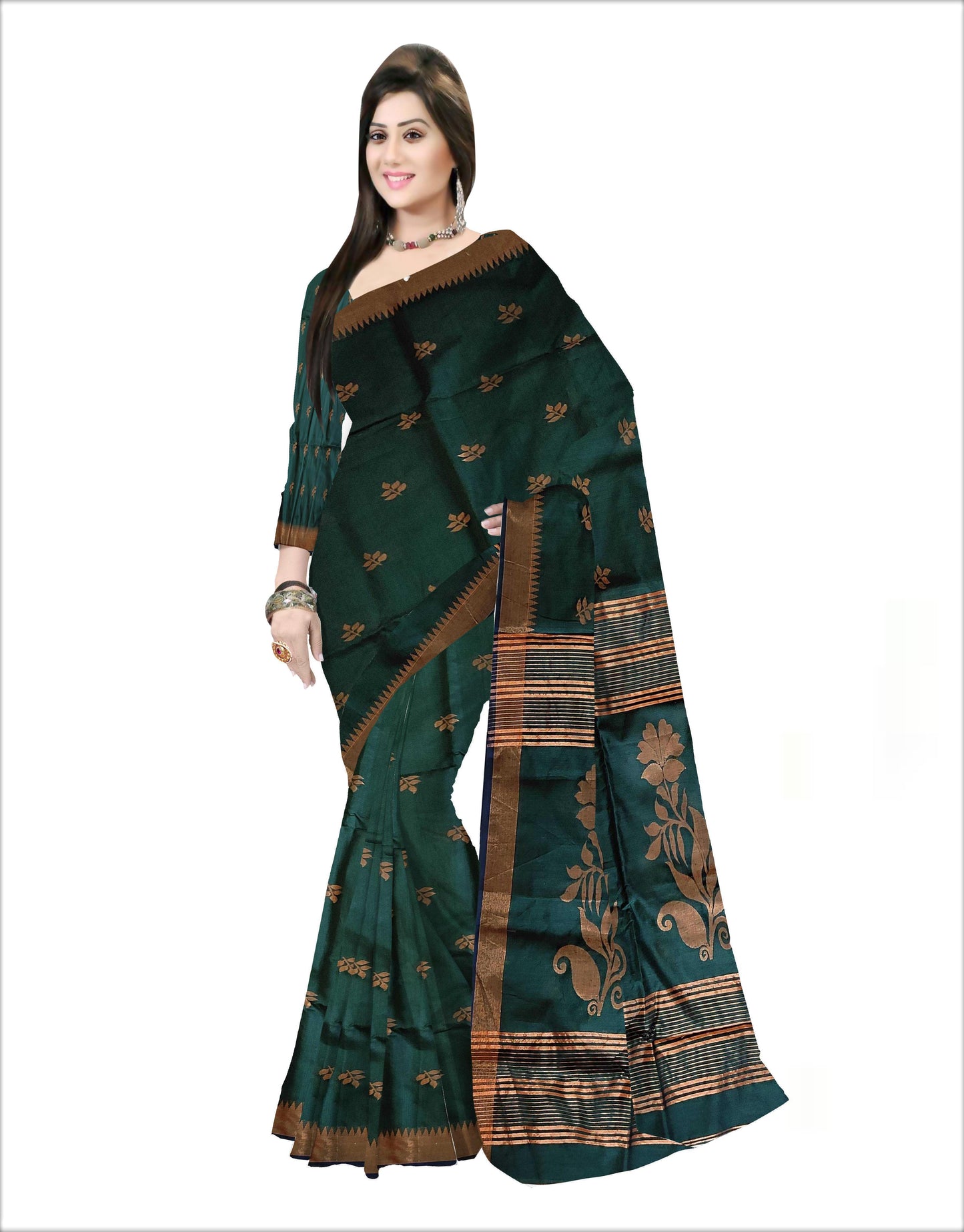 Pradip Fabrics Woven Soft Handloom Deep Green Color Saree