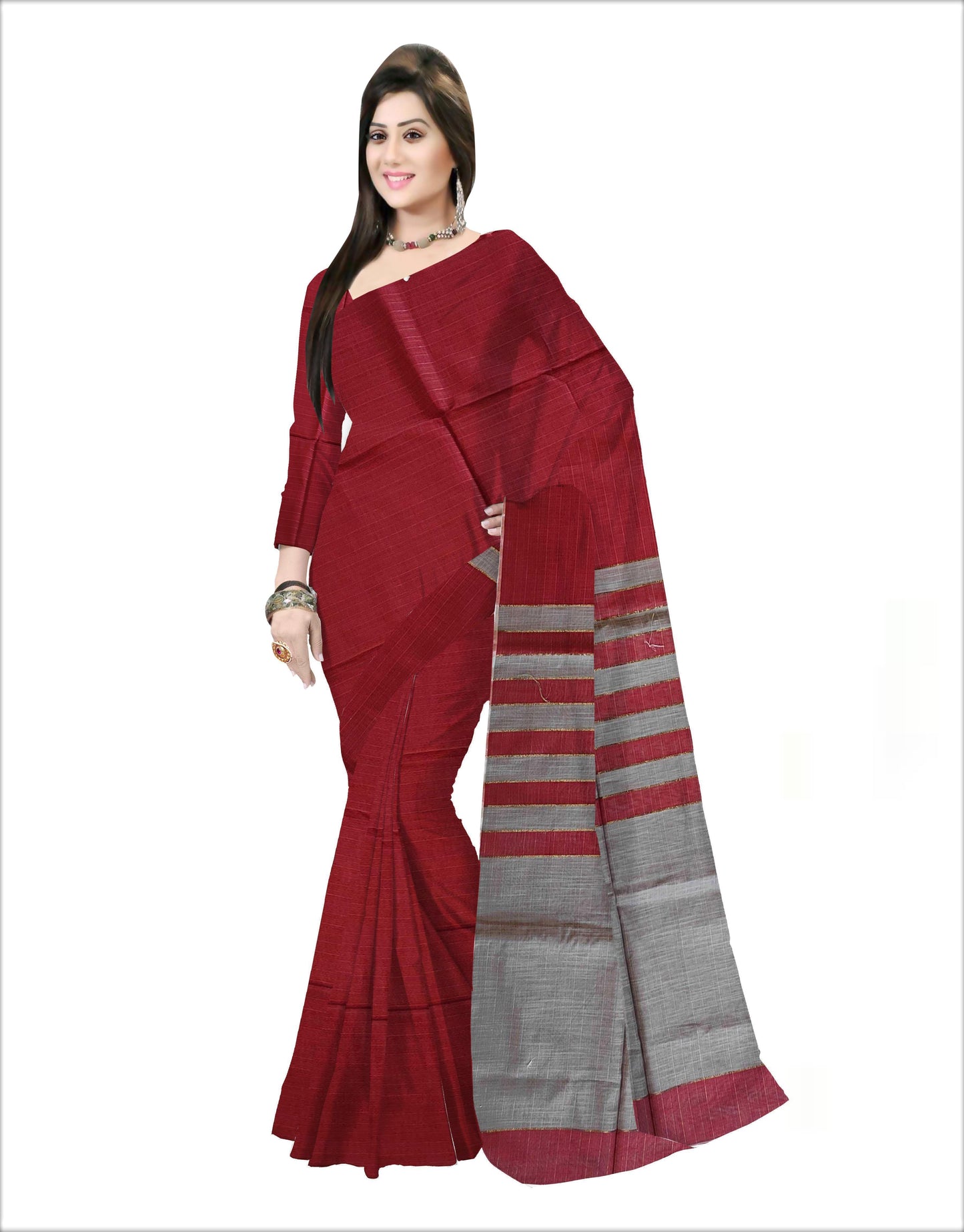 Pradip Fabrics Woven Soft Pure Cotton Handloom Grey & Red Color Saree