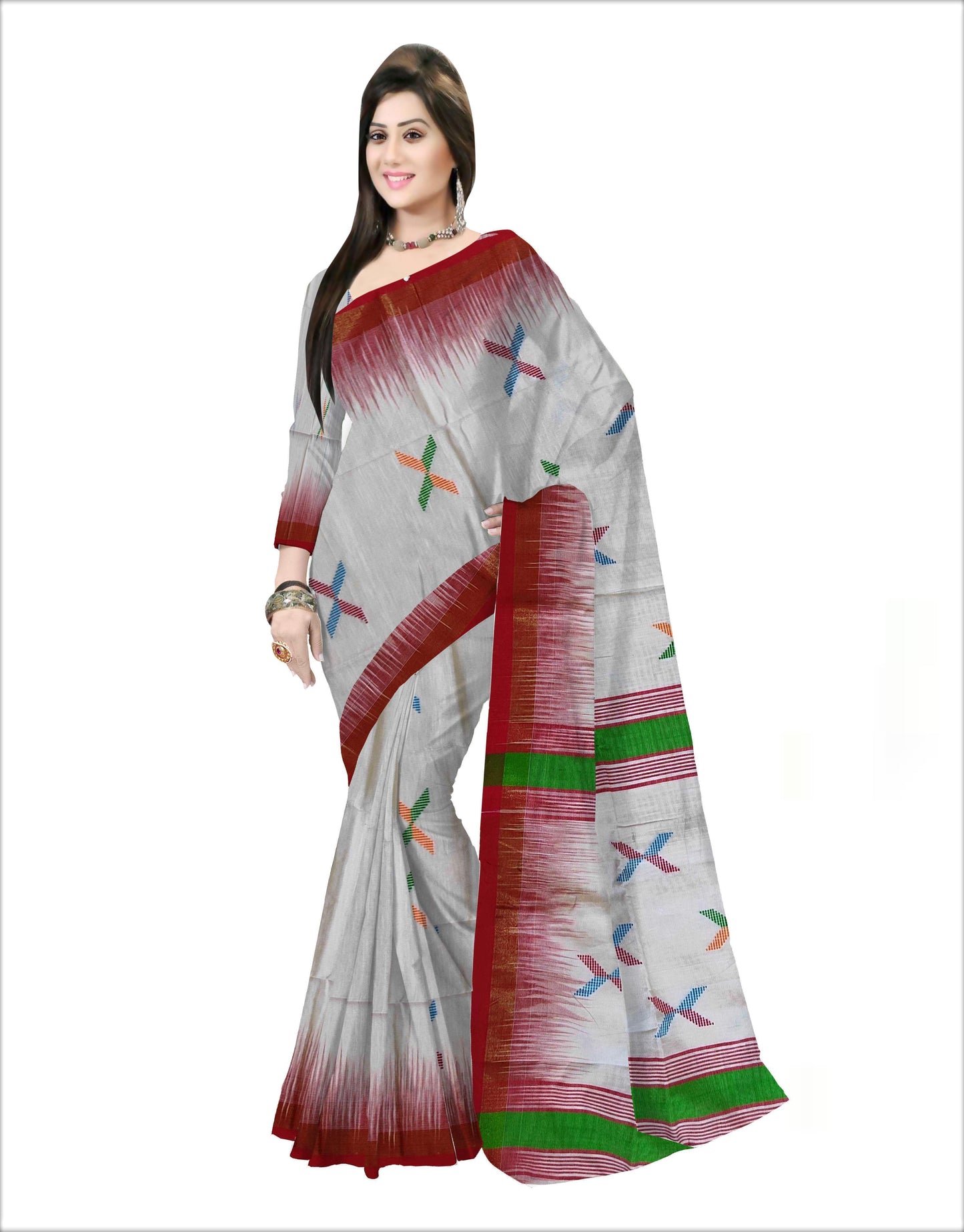 Pradip Fabrics Woven White & Red color Pure Soft Tissue Handloom Saree