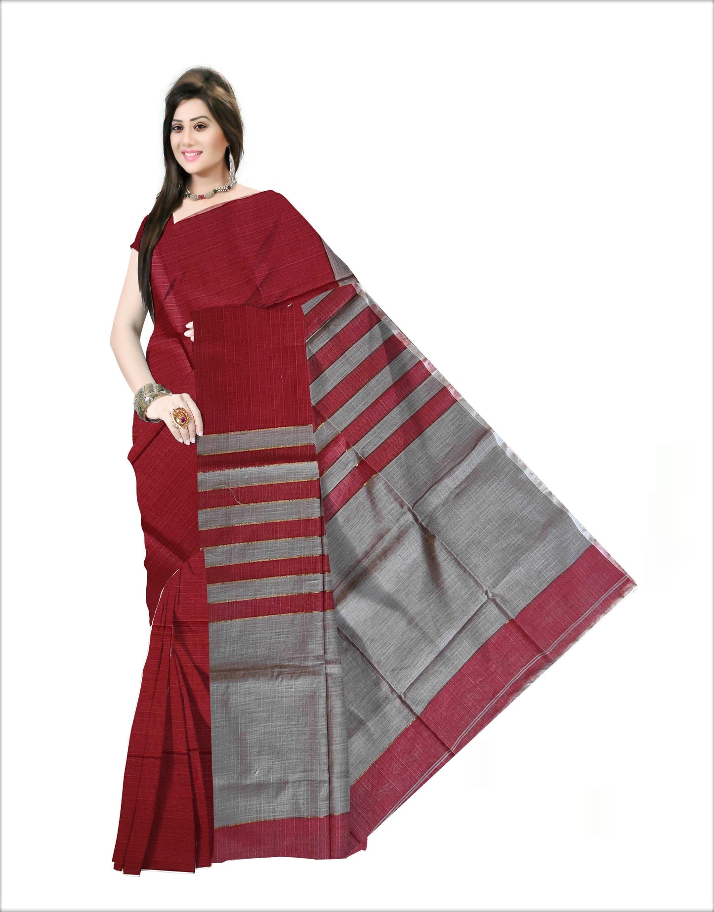 Pradip Fabrics Woven Soft Pure Cotton Handloom Grey & Red Color Saree