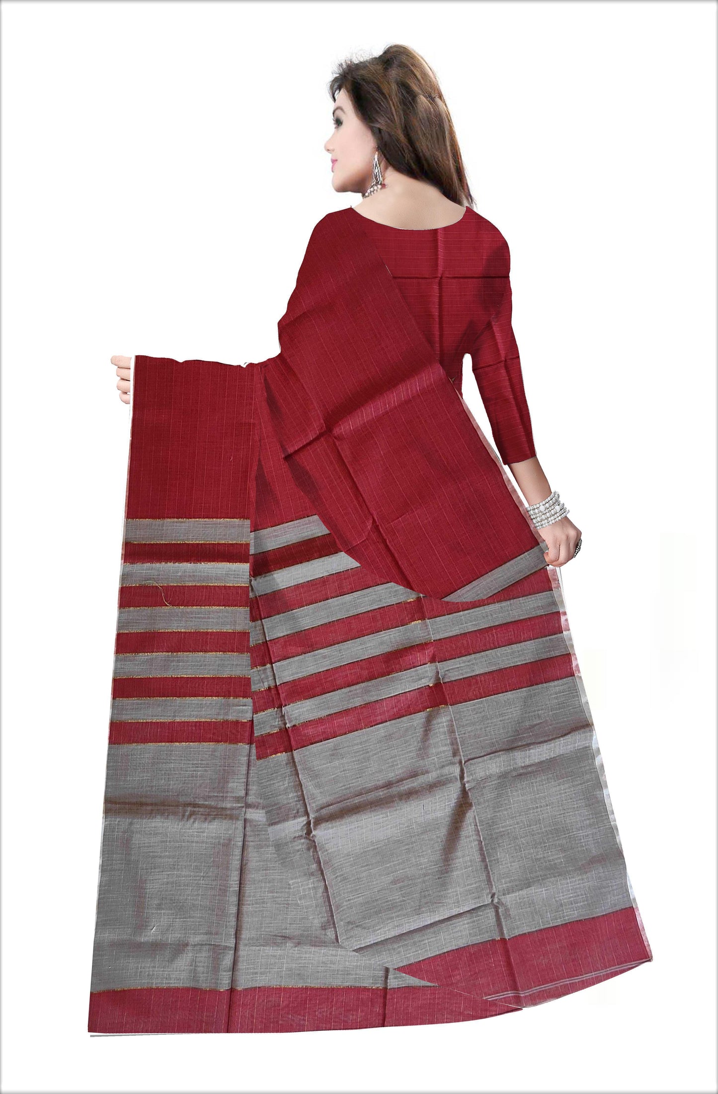 Pradip Fabrics Woven Soft Pure Cotton Handloom Grey & Red Color Saree