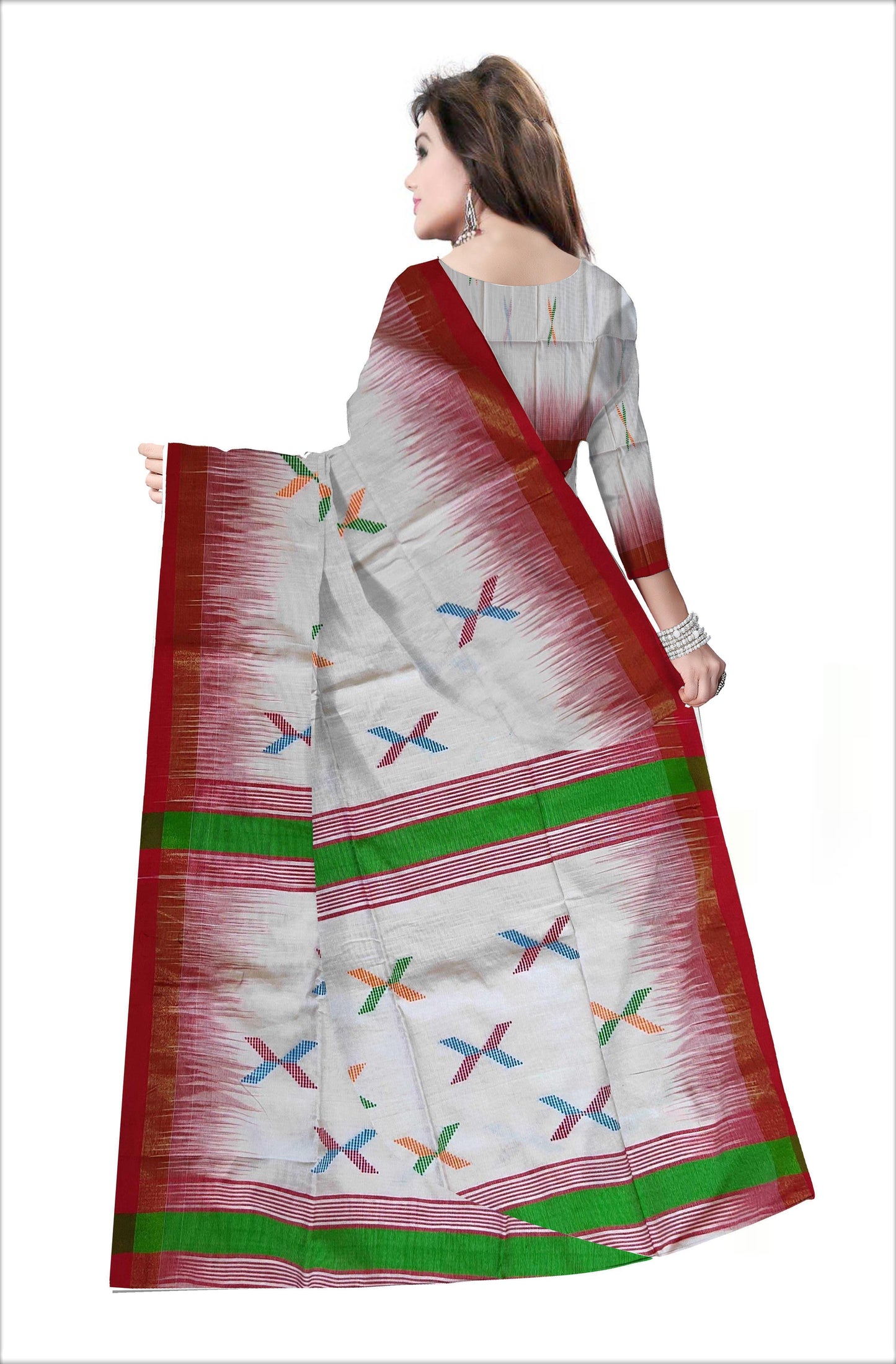 Pradip Fabrics Woven White & Red color Pure Soft Tissue Handloom Saree