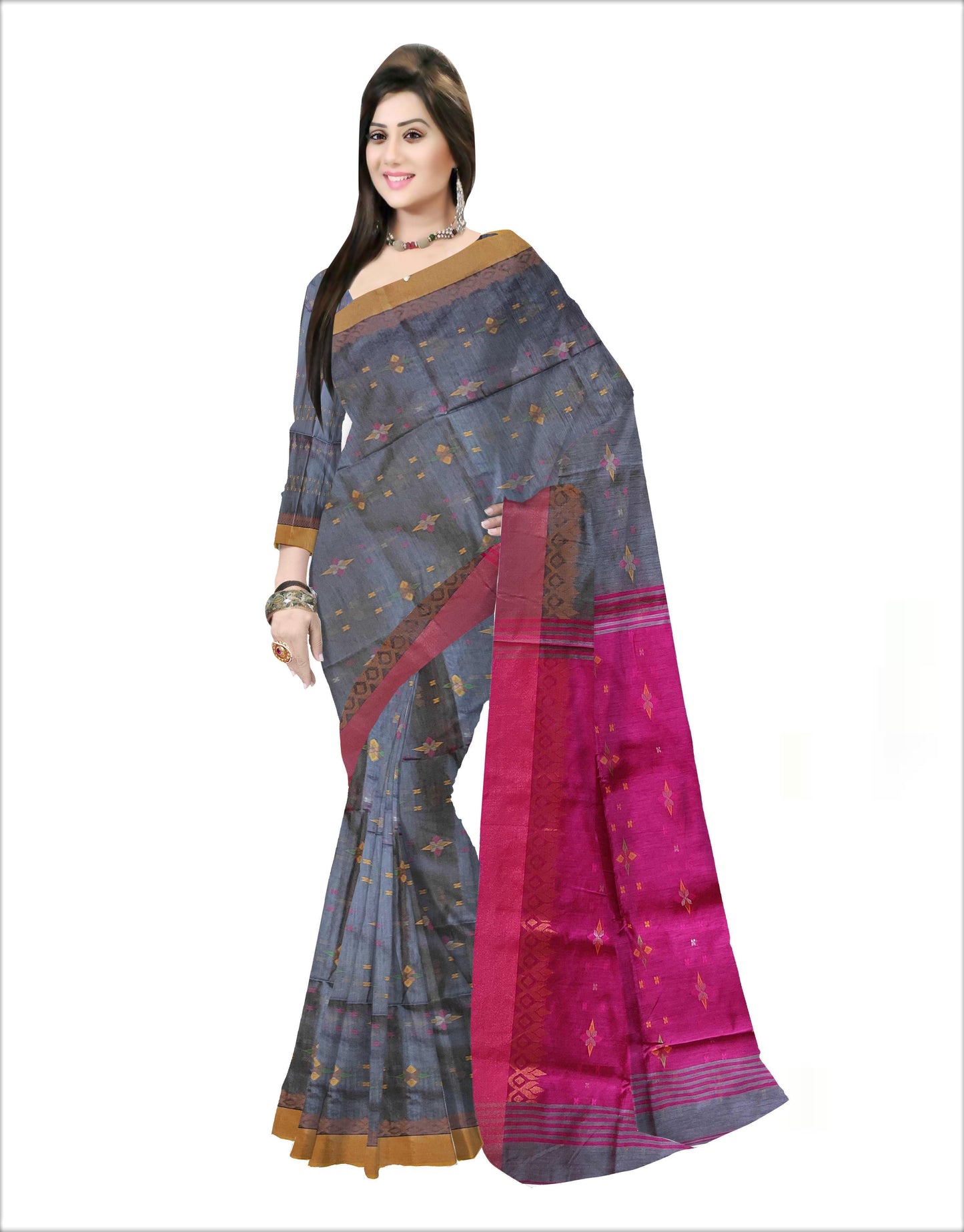 Pradip Fabrics Woven Soft Handloom Grey & Pink Color Saree